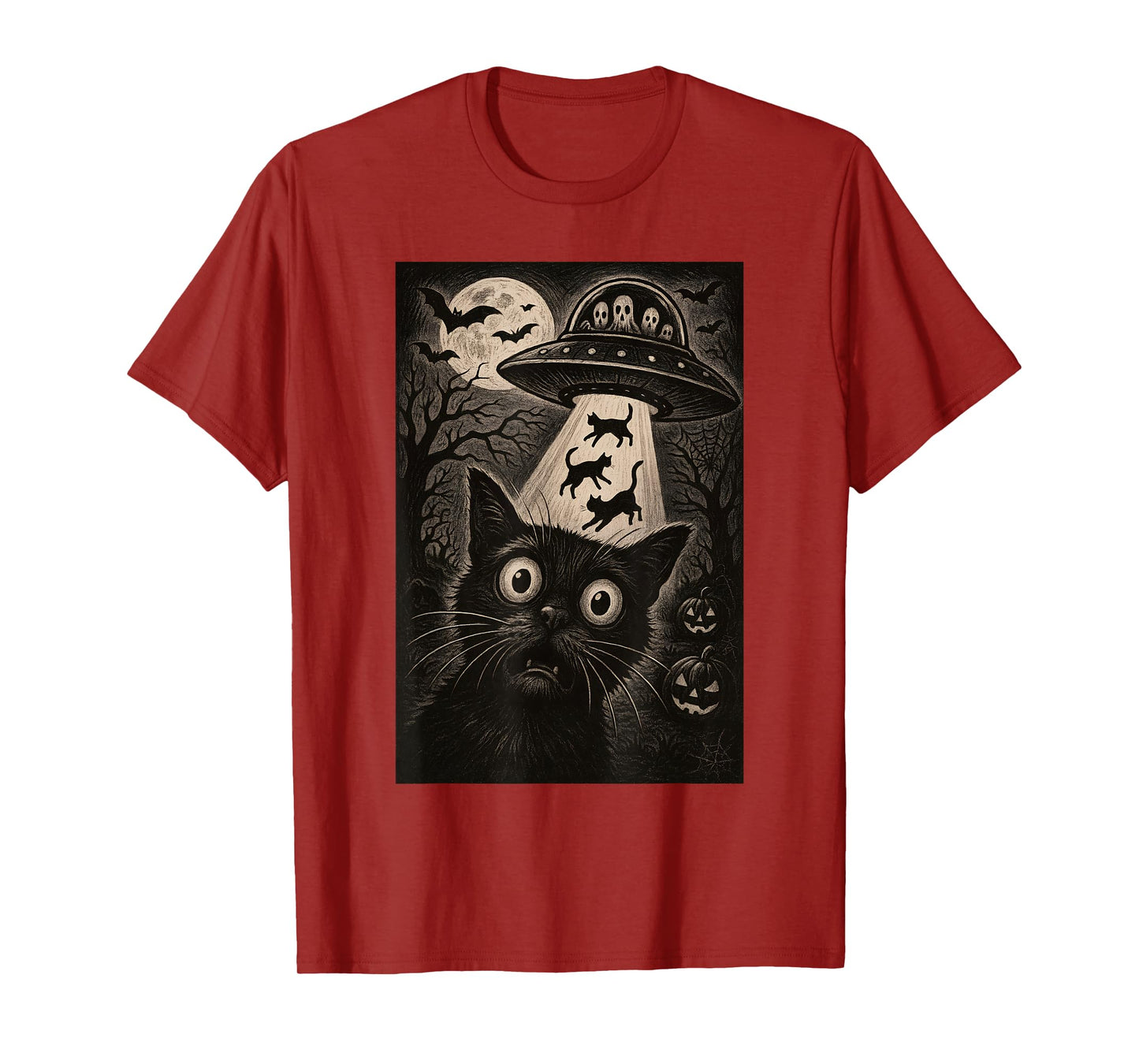 Halloween Cat Selfie Scary Alien Abduction Cats UFO Flying T-Shirt