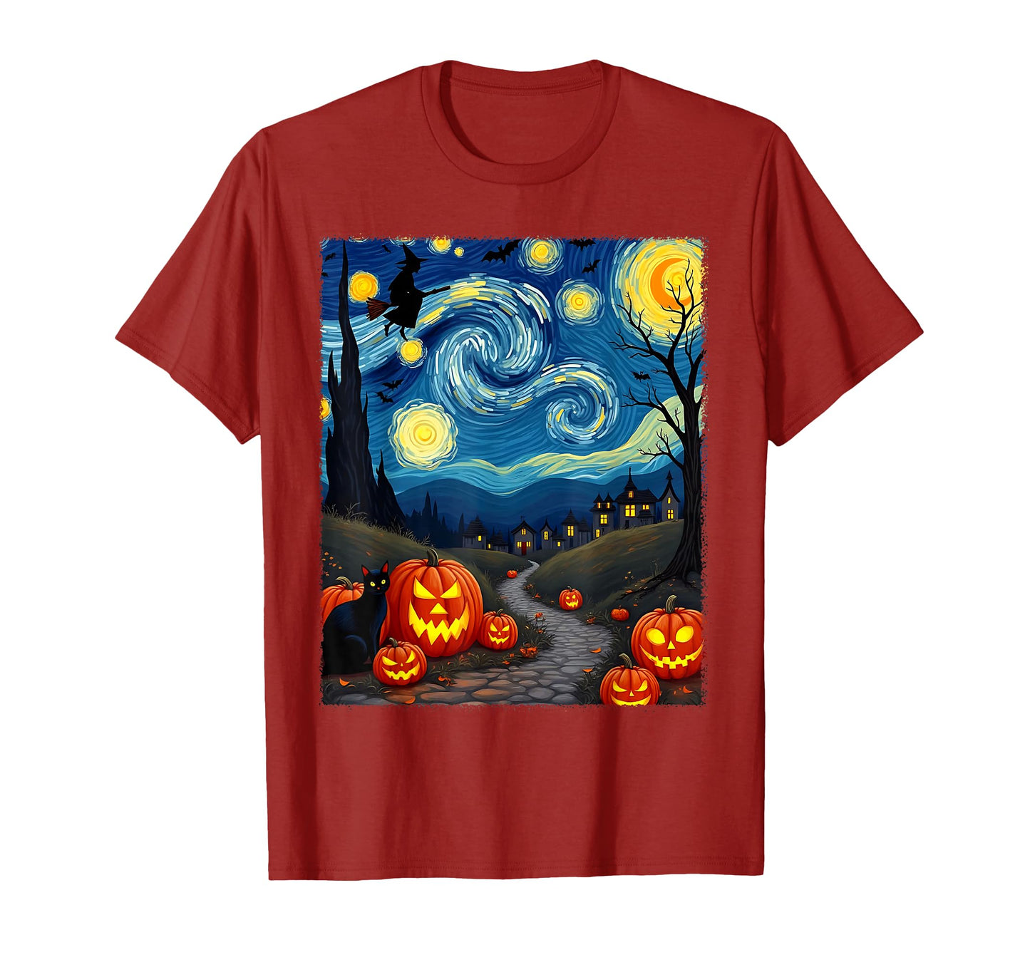 Black Cat Van Gogh Halloween Witchy Night Sky Party Costume T-Shirt