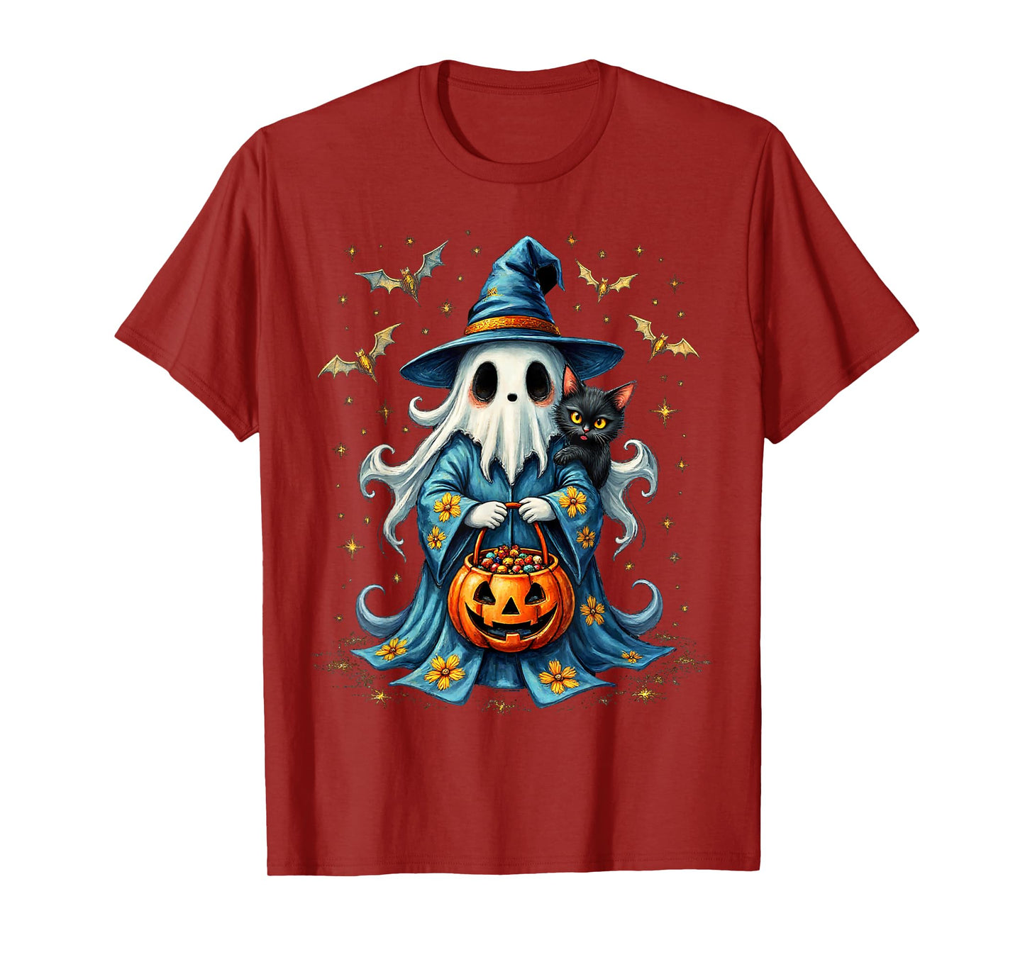 Ghost Holding Black Cat Lover Halloween 2025 Groovy Floral T-Shirt