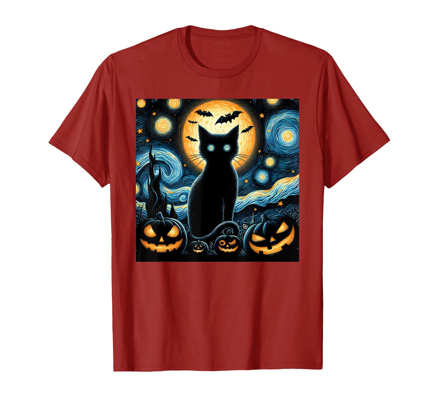Halloween Starry Night Black Cat Van Gogh Halloween Cat T-Shirt for Men Women Kids