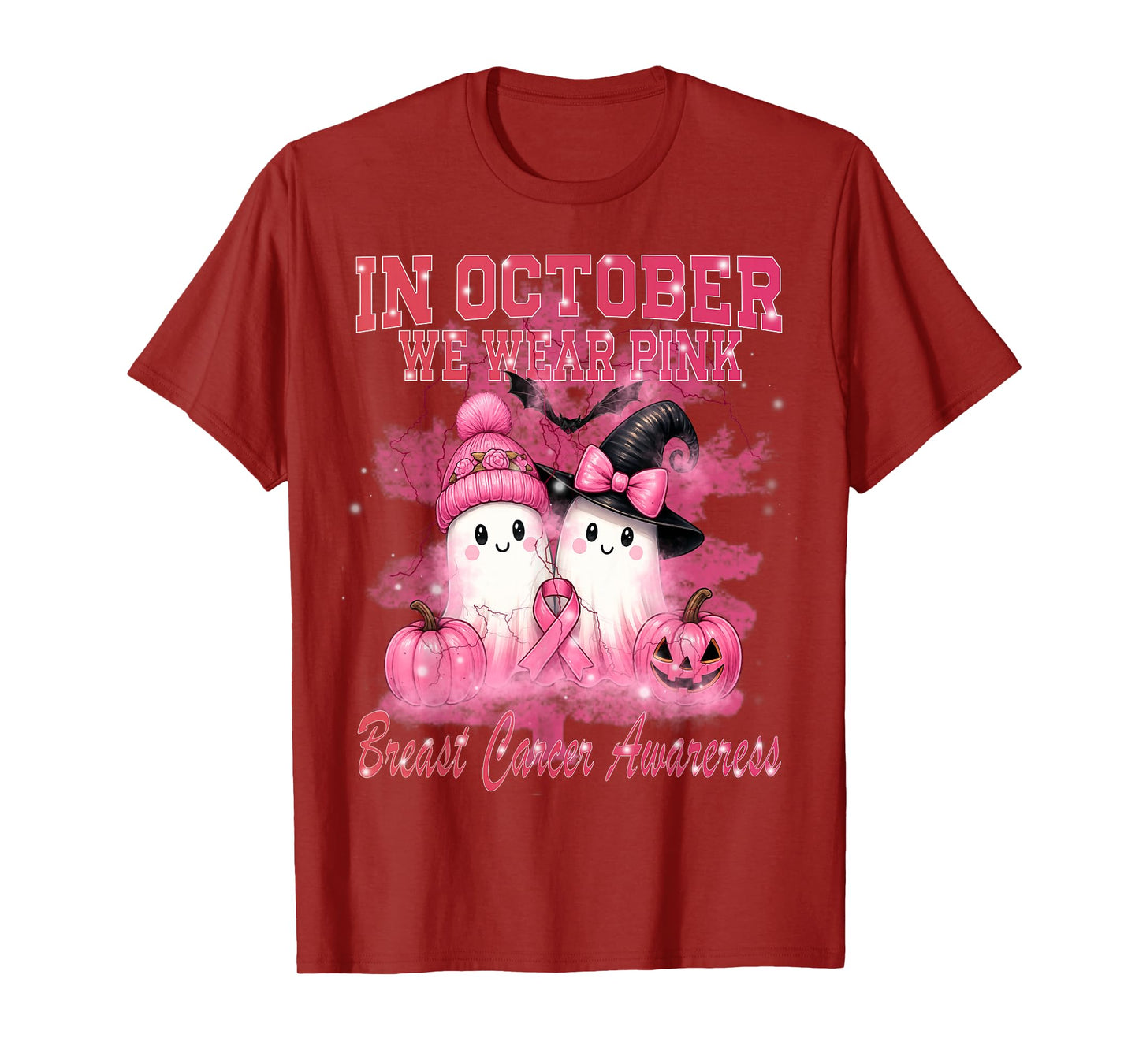 in October We Wear Pink Ghost Witch Breast Cancer Awareness T-Shirt