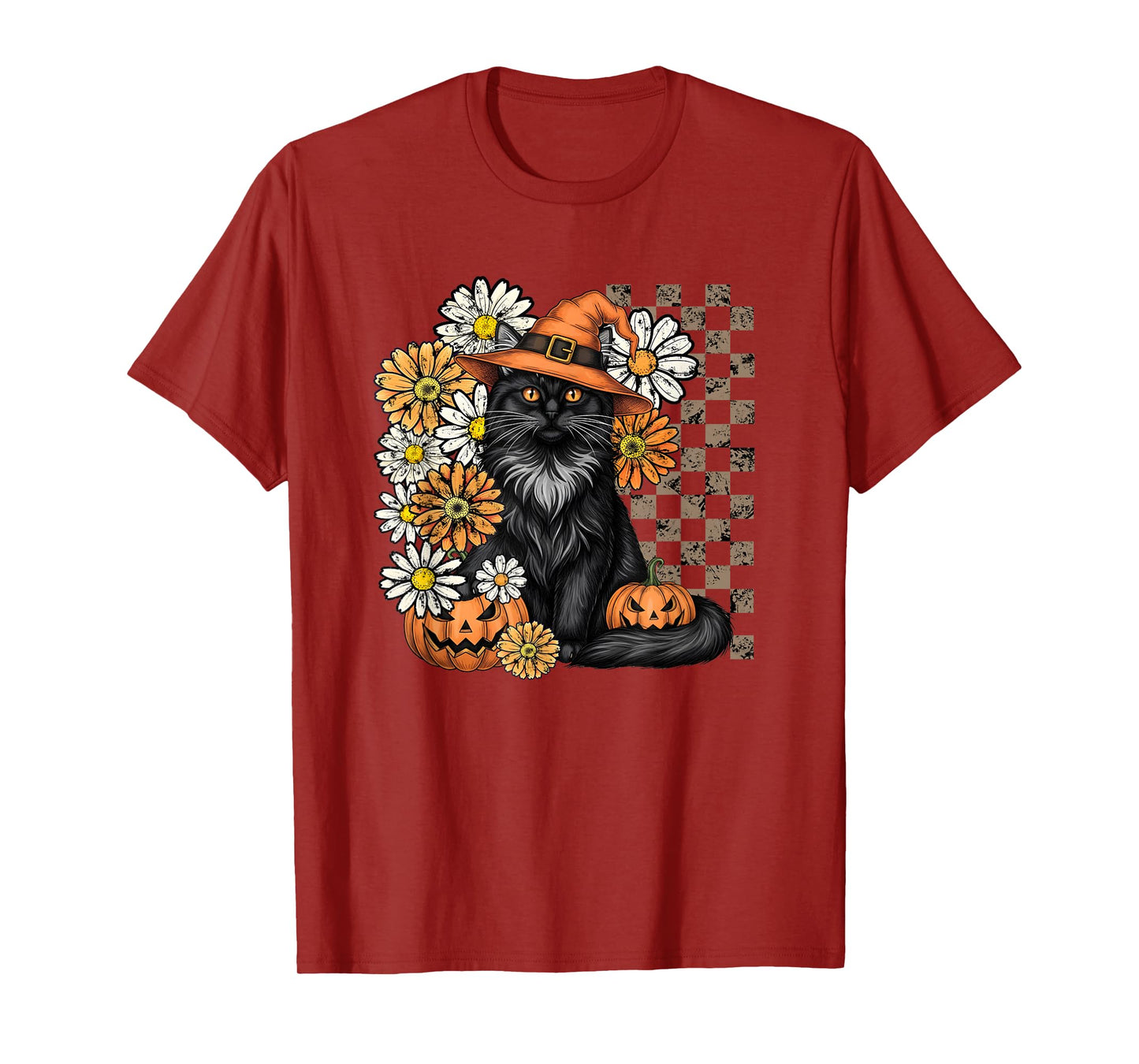 Halloween Black Cat Witch Checkered Print Fall Floral T-Shirt