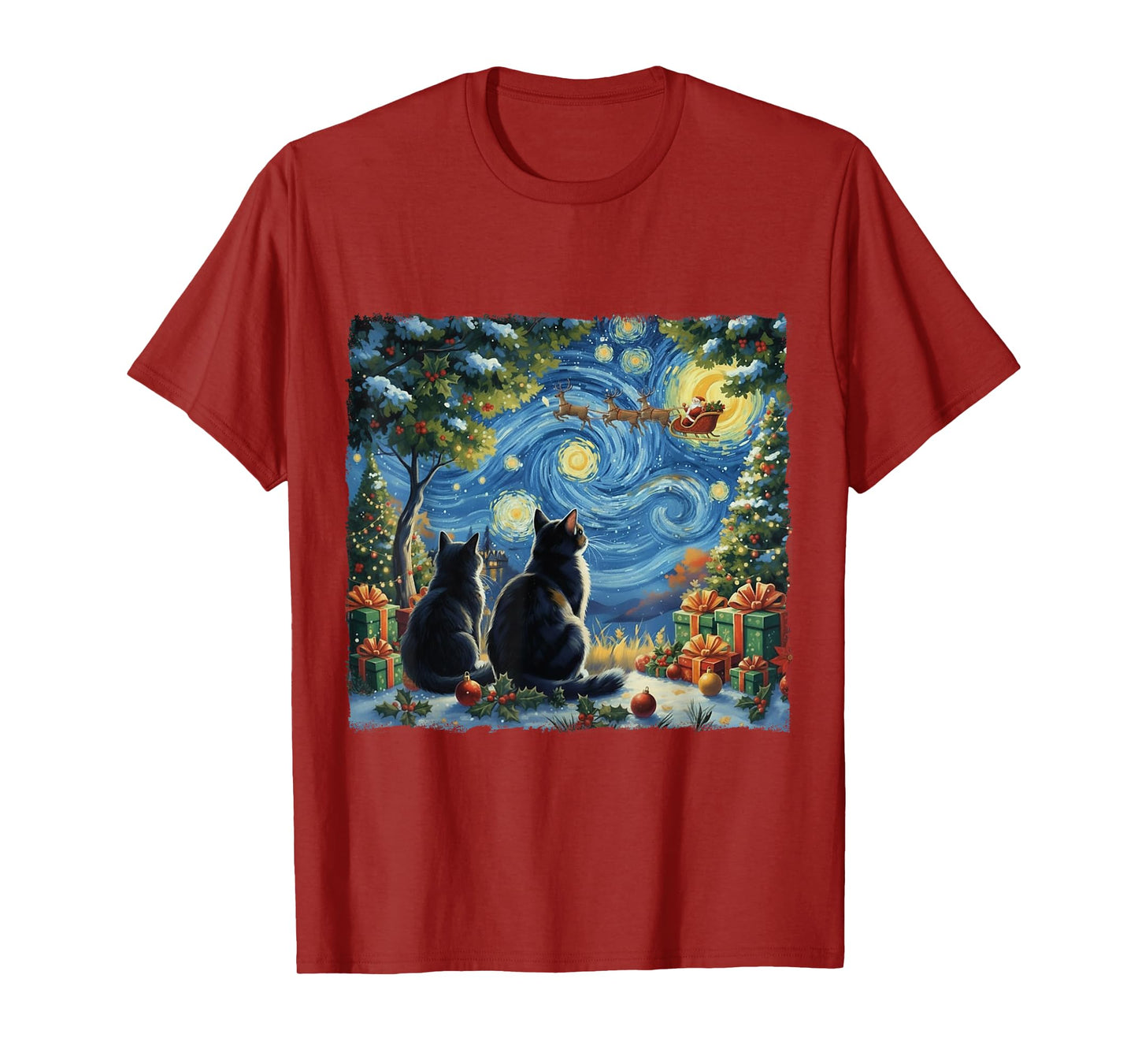 Christmas Cat Starry Night Van Gogh Xmas Holiday Santa Gifts T-Shirt