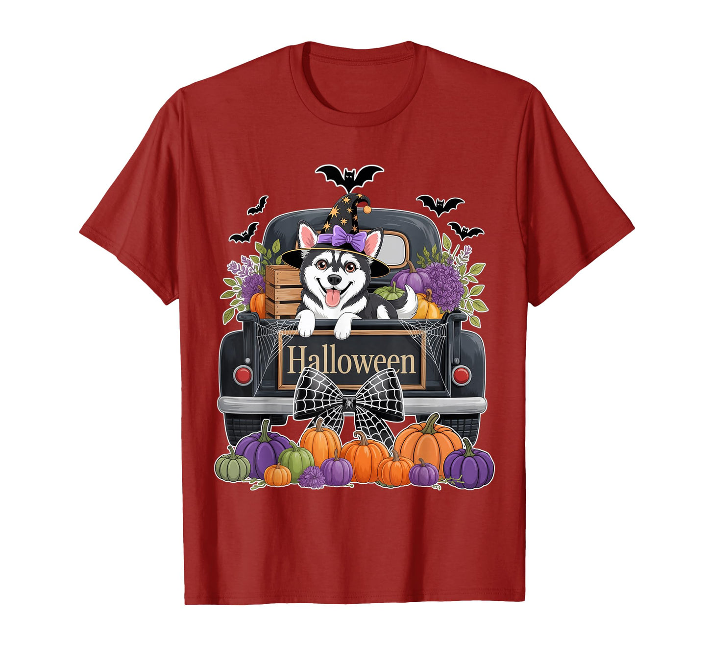 Siberian Husky Witch Hat Truck Pumpkin Dog Lovers Halloween T-Shirt