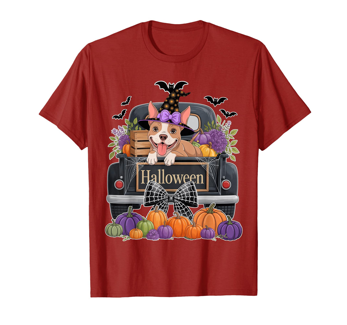 Funny Pitbull Witch Hat Truck Pumpkin Dog Lovers Halloween T-Shirt