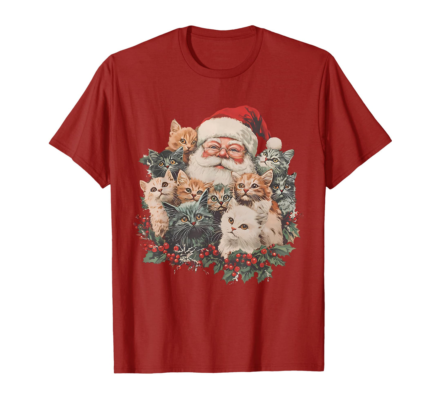 Vintage Funny Santa Claus and Kittens Cats Christmas Wreath T-Shirt