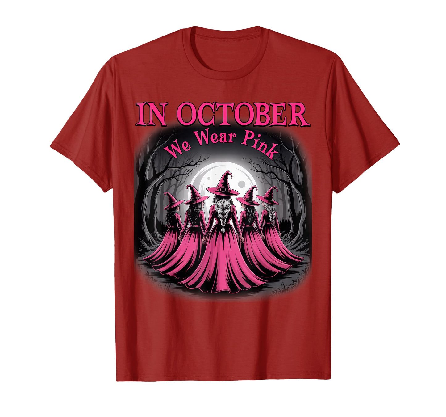in October We Wear Pink Witch Halloween Breast Cancer Women T-Shirt