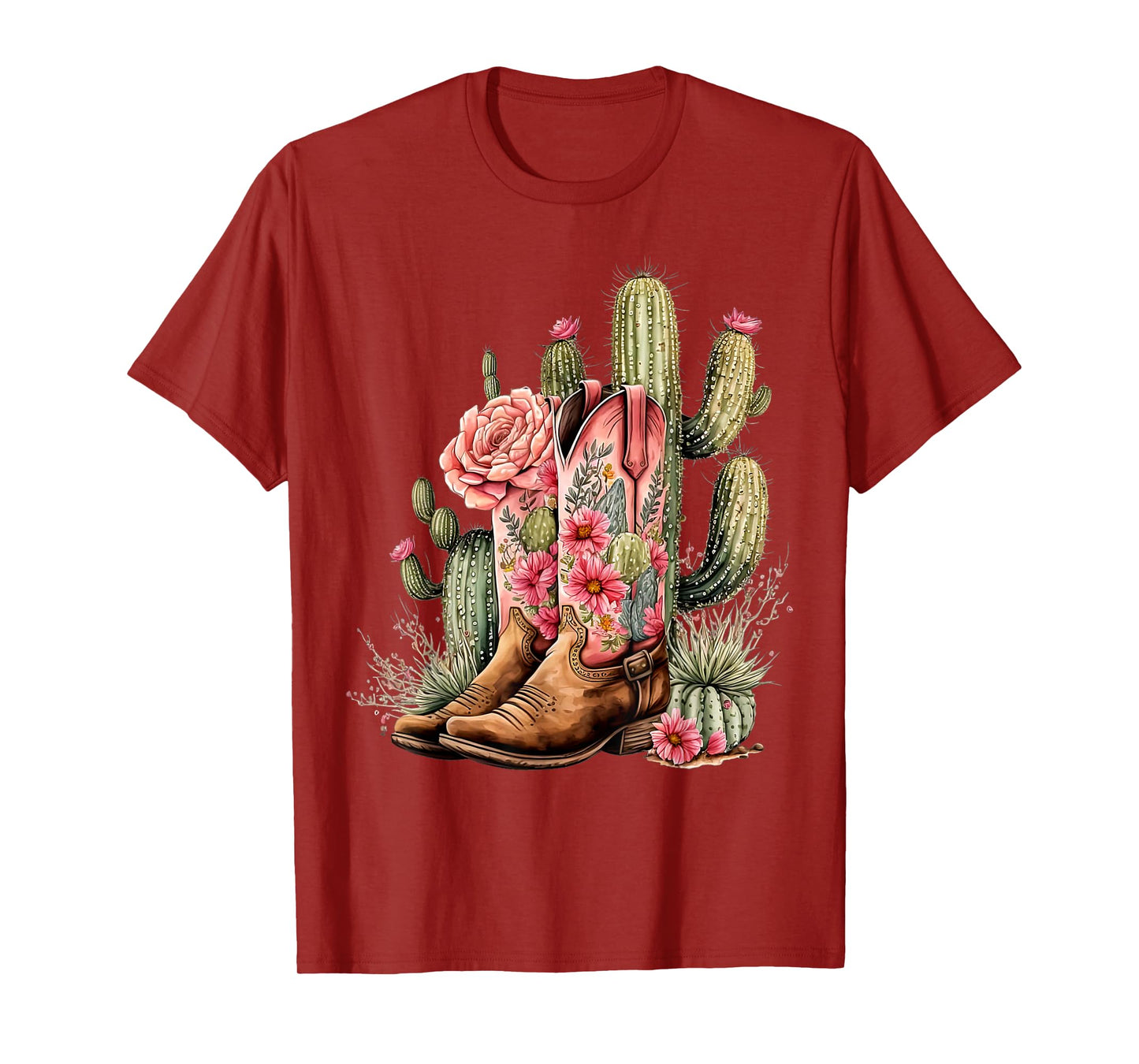 Retro Cowgirl Boots Floral Cactus Western Flower Teen Girls T-Shirt