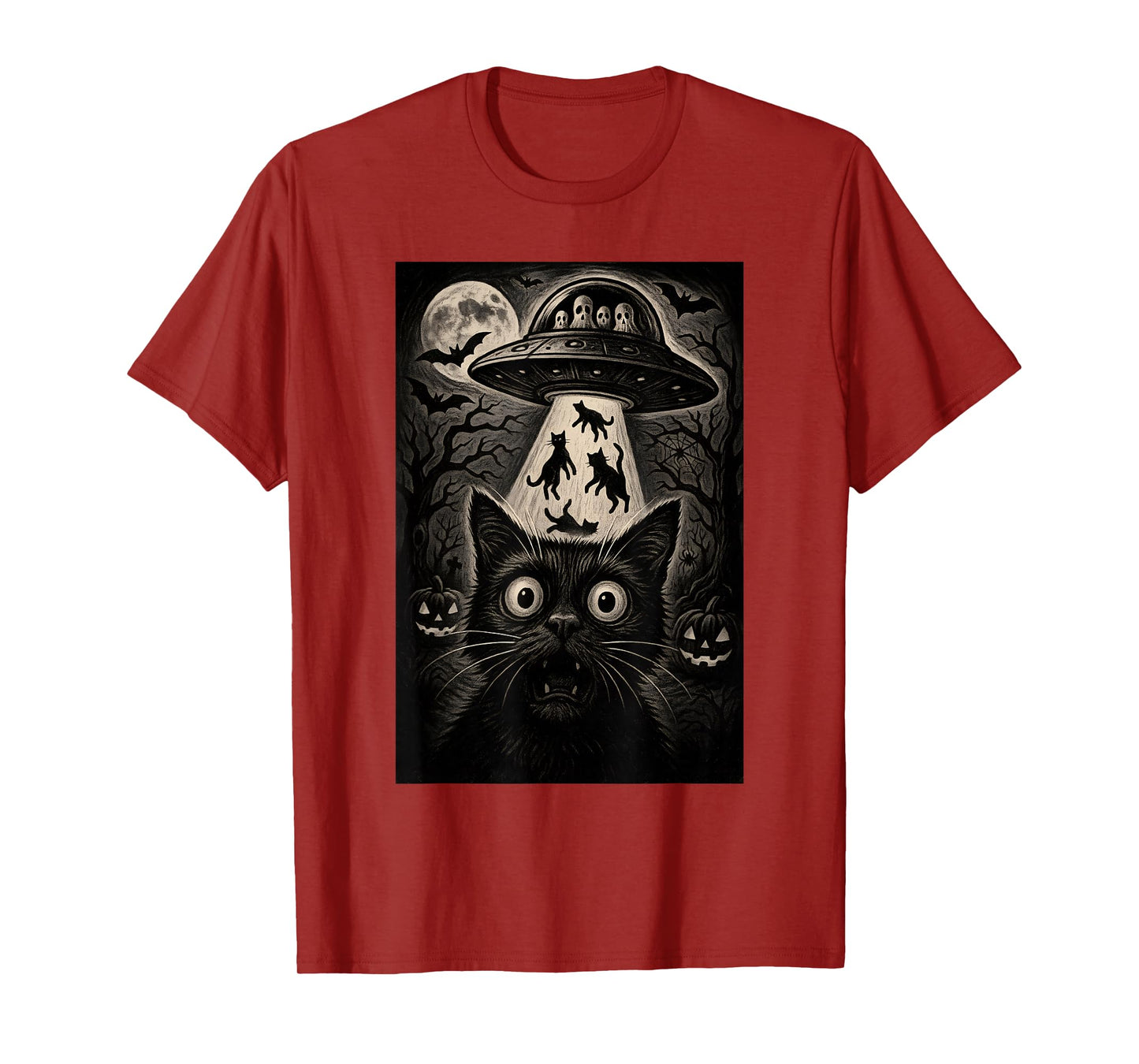 Halloween Cat Selfie Scary Alien Abduction Cats UFO Flying T-Shirt