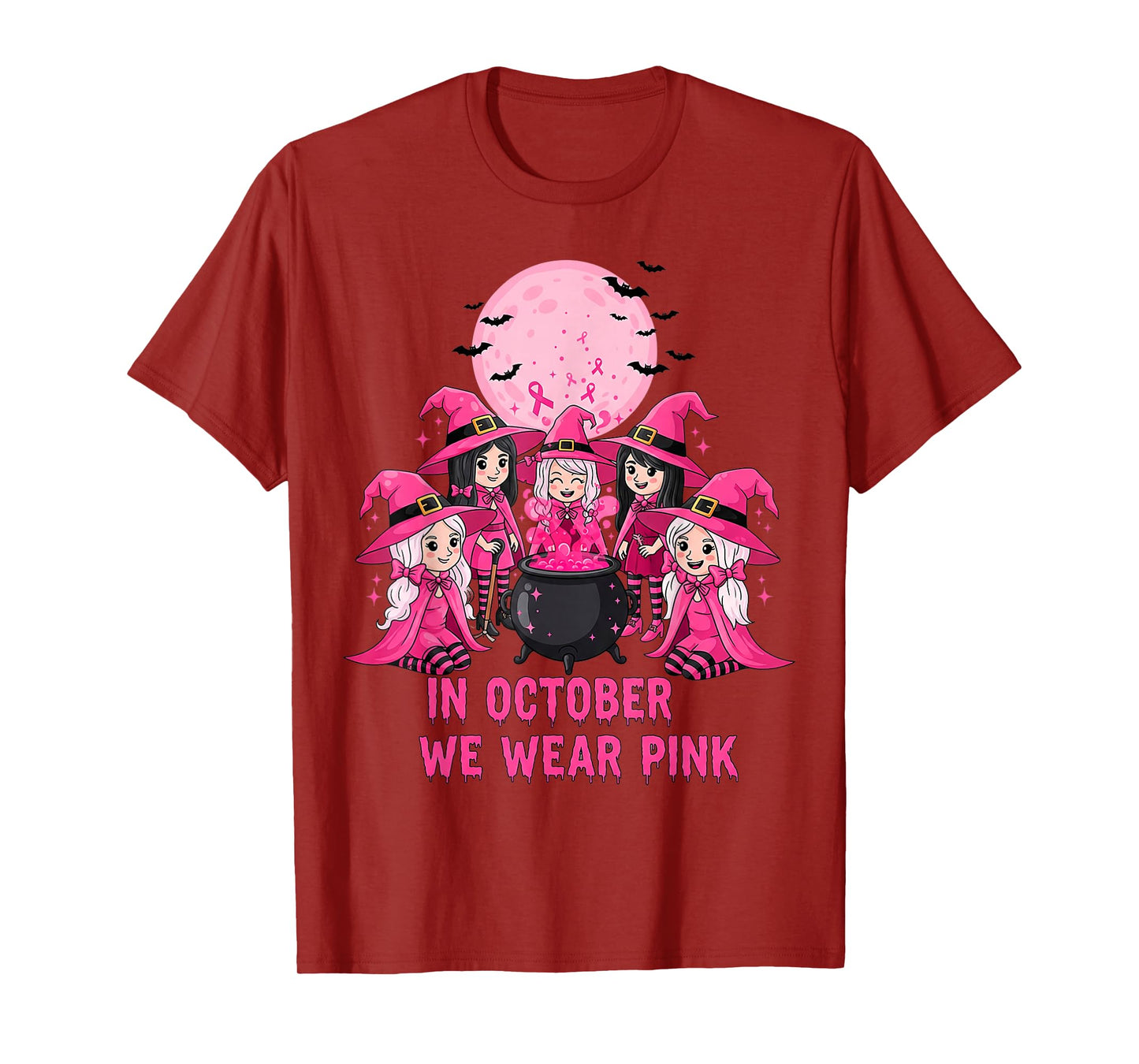 October We Wear Pink Witch Halloween Breast Cancer Awareness T-Shirt