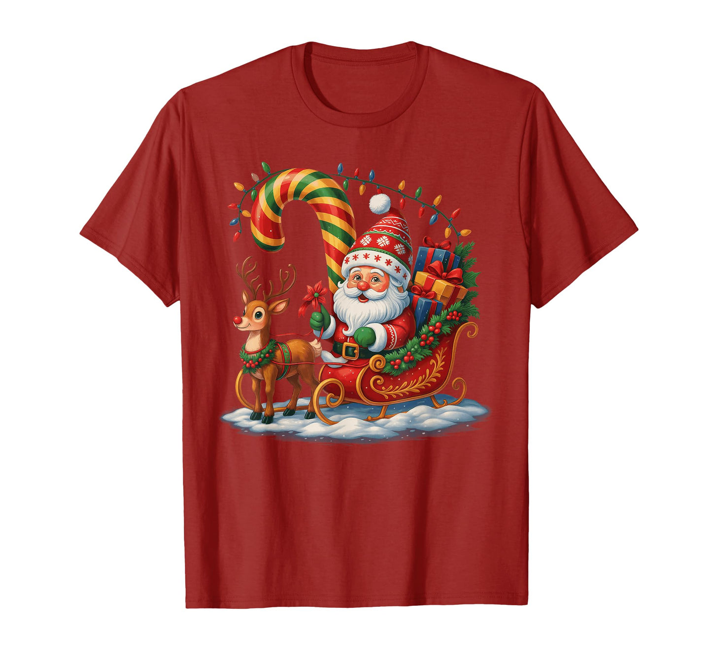 Santa Claus Riding Reindeer Christmas Lights Xmas Men Women T-Shirt