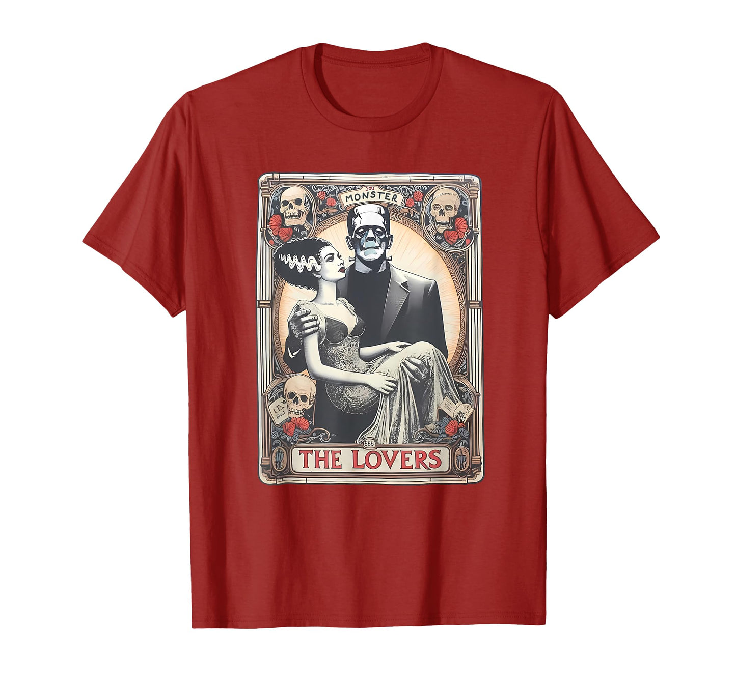 Retro Halloween Frankenstein Tarot Card T-Shirt - Unisex Adults - Black - Small - Short Sleeve - Regular Fit - Cotton 100%, Polyester Blend - Halloween, Retro, Couples, Tarot Card Fans, Unisex