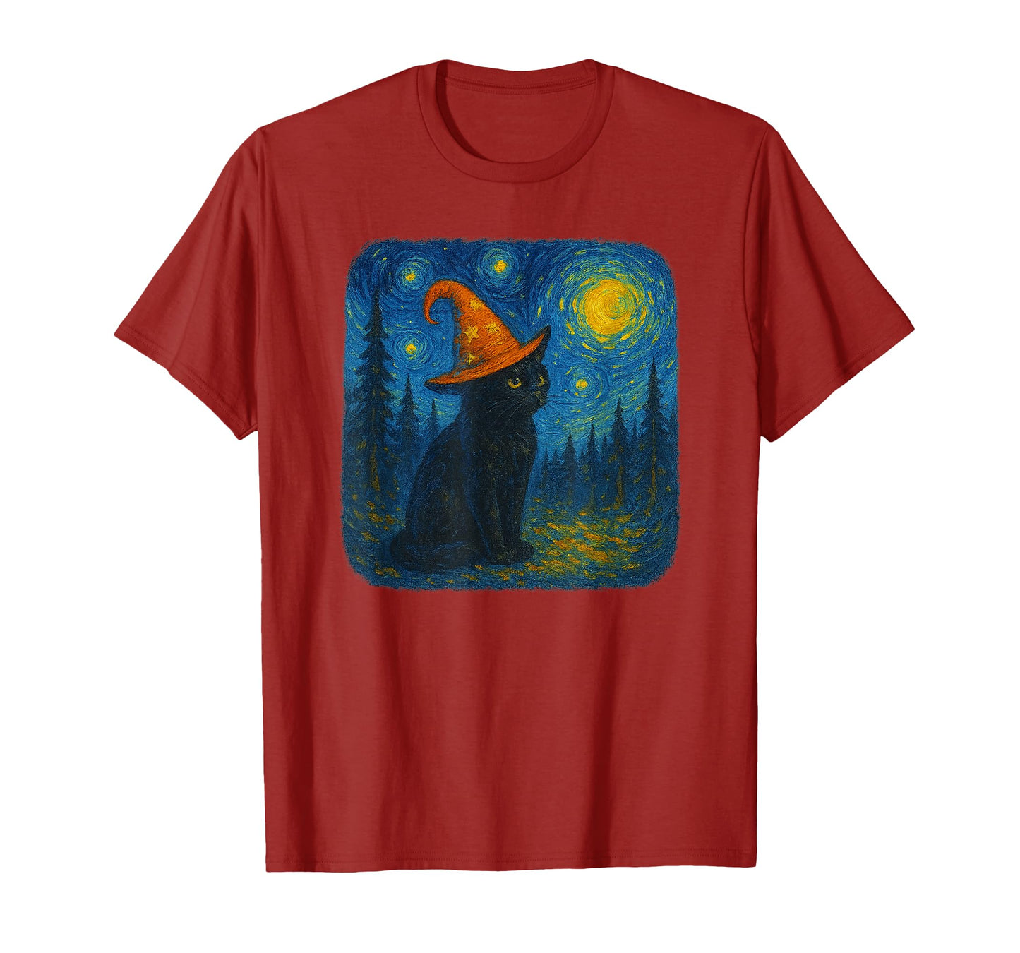 Funny Black Cat Witch Hat Starry Night Halloween Parody Art T-Shirt