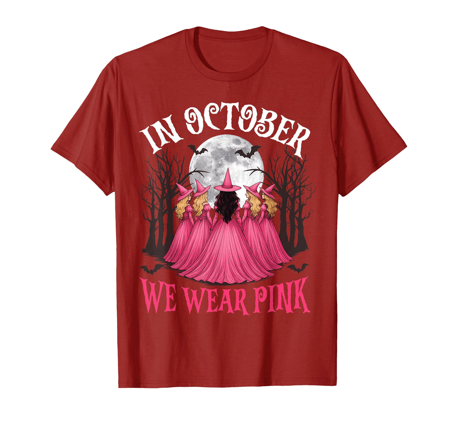 in October We Wear Pink Witch Halloween Breast Cancer Women T-Shirt