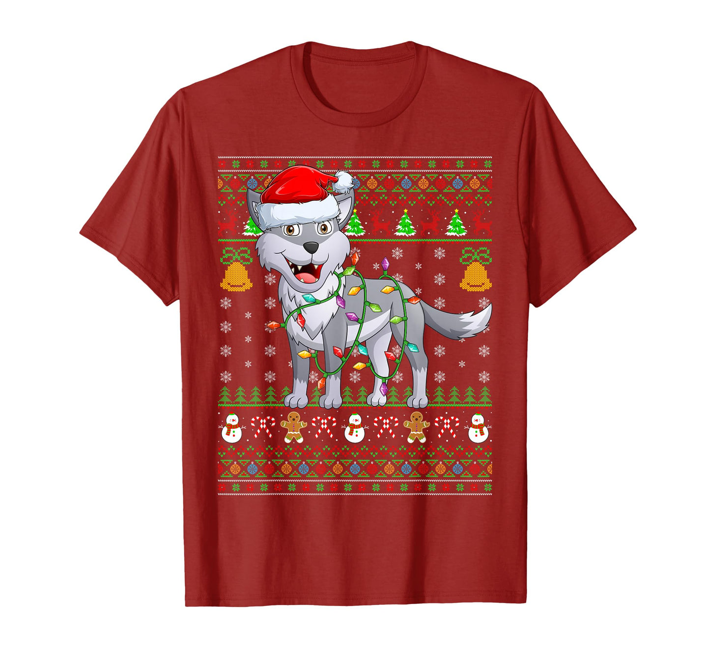 Wolf Christmas Lights Funny Santa Ugly Sweaters Cute Xmas T-Shirt
