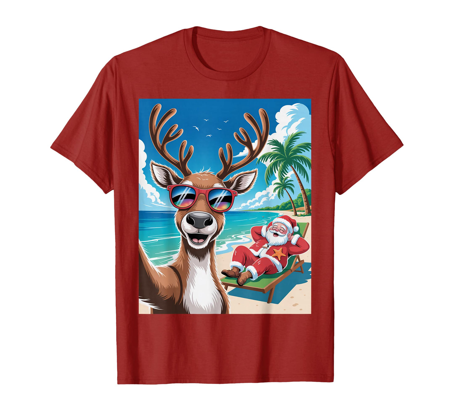 Funny Reindeer Selfie Christmas Beach Santa Vibe T-Shirt