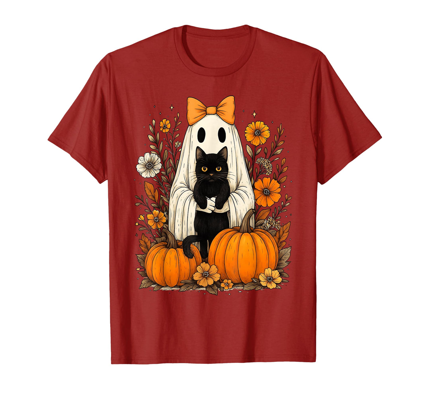Vintage Halloween Ghost Holding Black Cat Groovy Floral T-Shirt