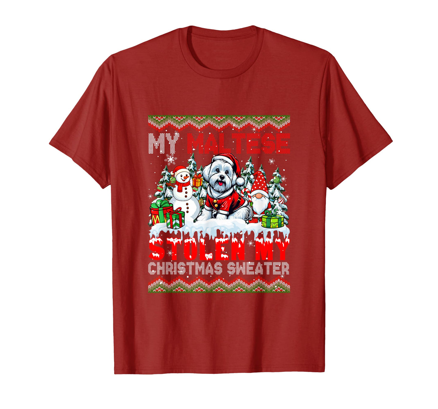 My Maltese Stolen My Christmas Sweater Santa Dog Gnome T-Shirt