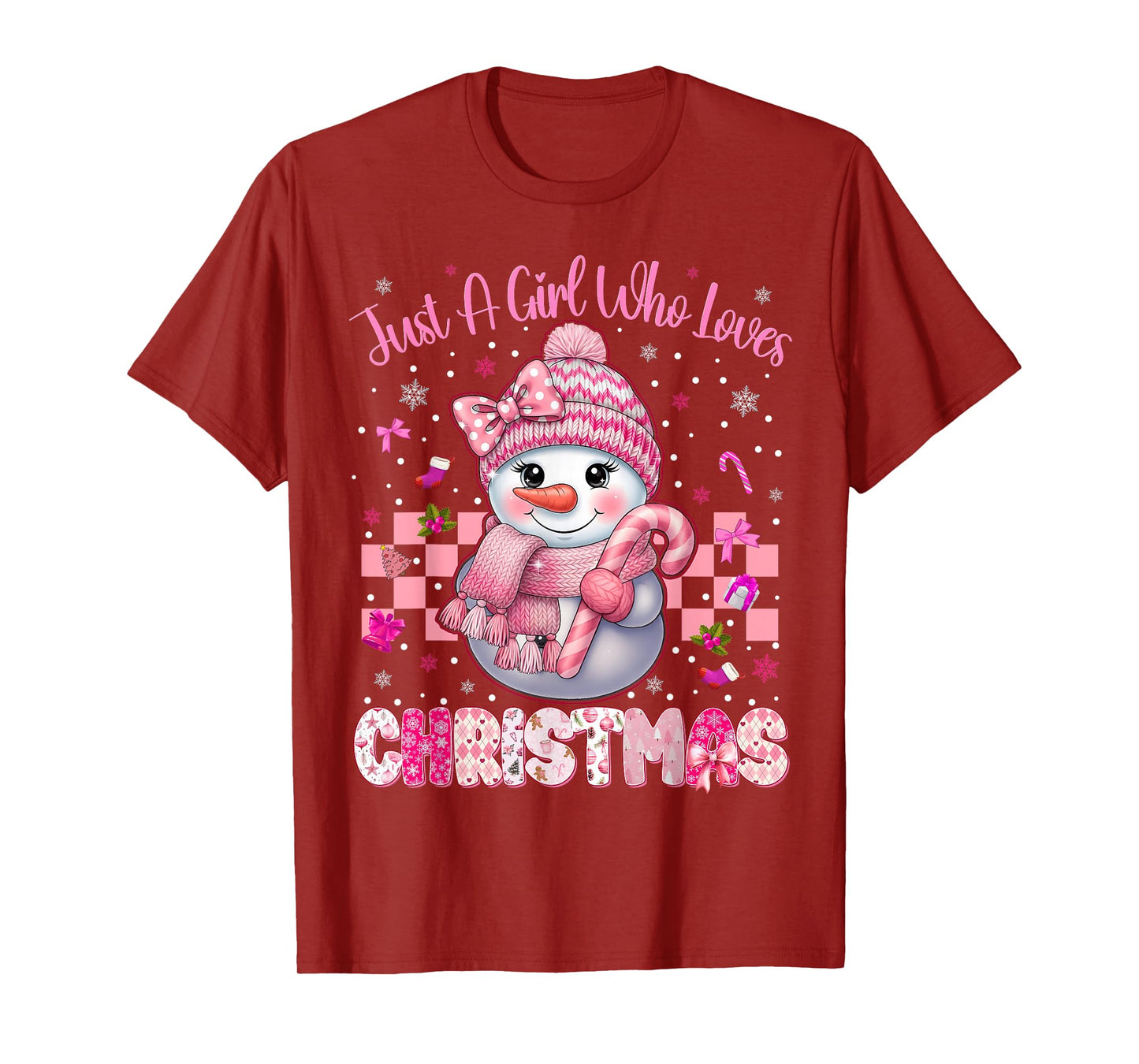 Just A Little Girl Who Loves Christmas Pink Snowman Girl T-Shirt