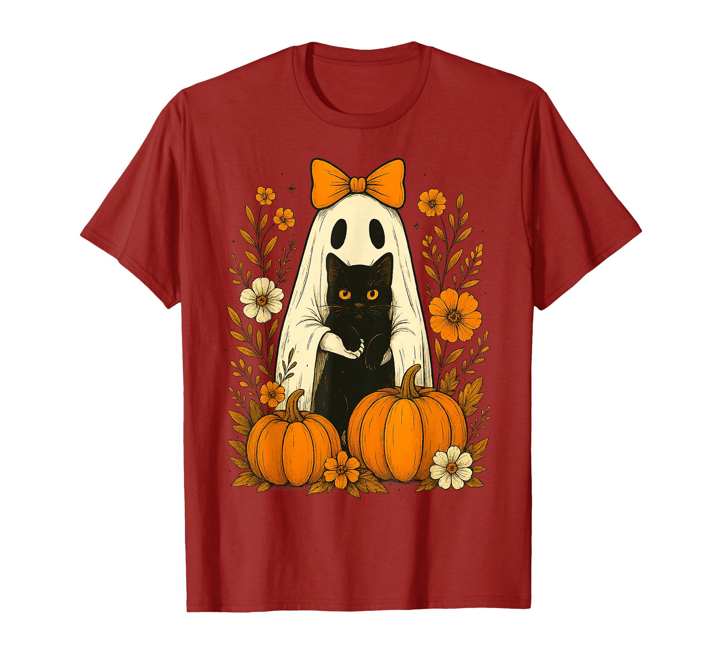 Cute Ghost Black Cat Halloween Pumpkin Groovy Floral Gifts T-Shirt