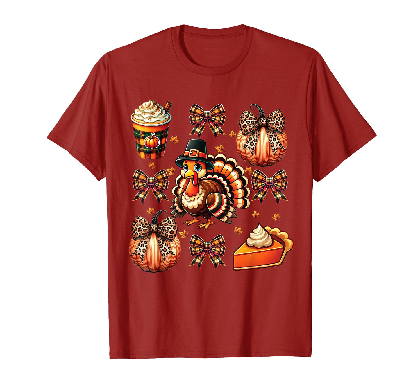 Turkey Drinking Coffee Bow Thanksgiving Womens Turkey Day T-Shirt