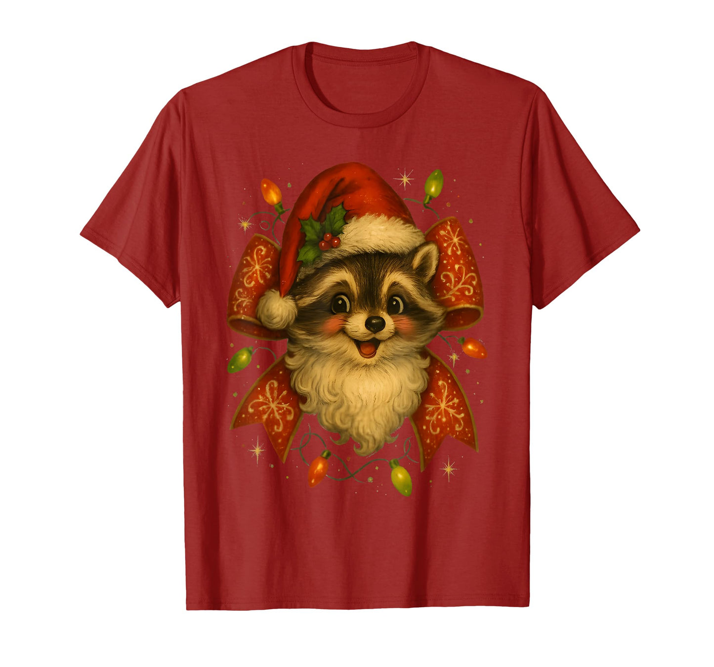 Funny Santa Raccoon in Santa Hat Holiday Cute Bow tee Lovers T-Shirt