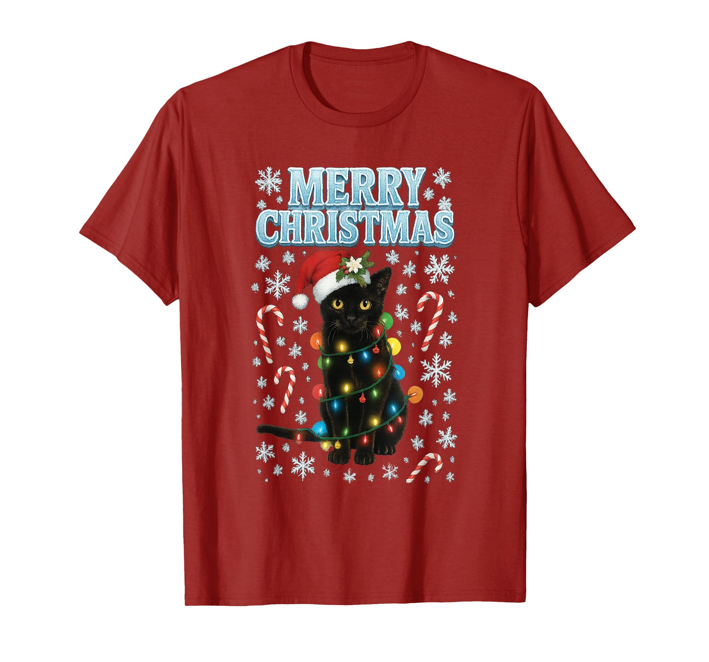 Merry Christmas Black Cat Wrapped in Lights Funny Holiday T-Shirt