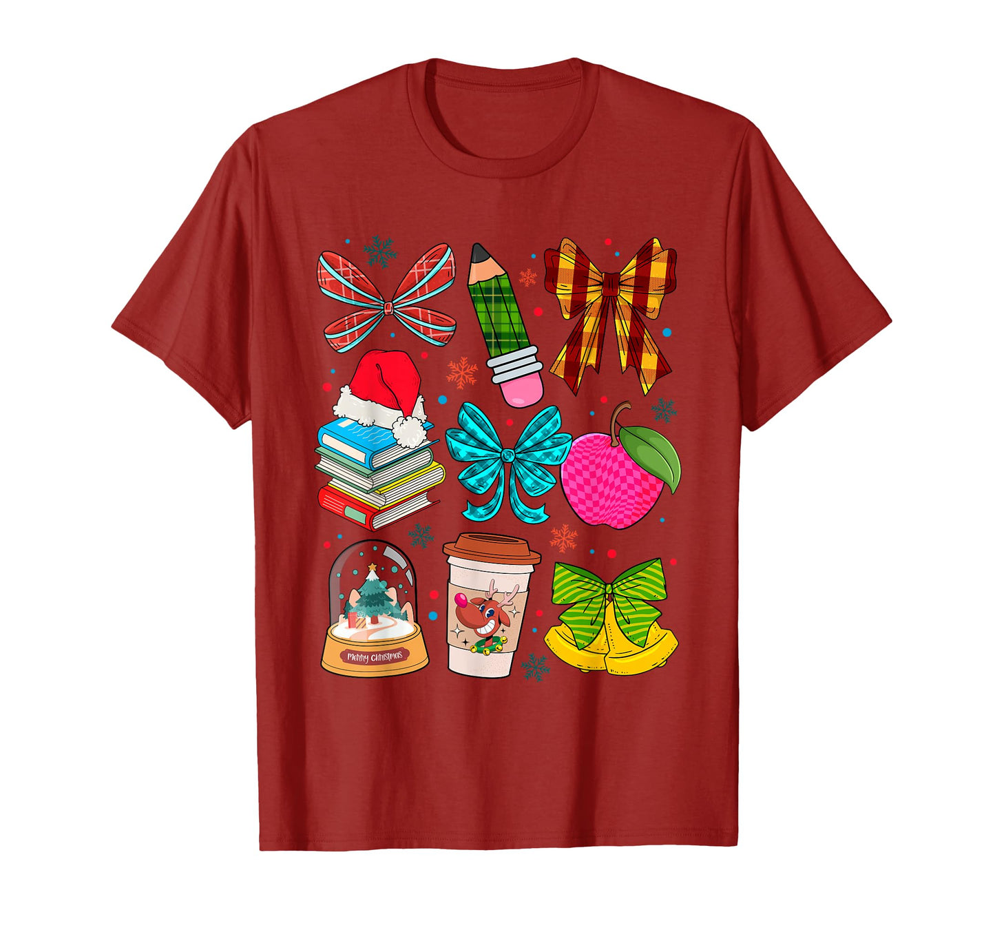 Retro Bow Teacher Christmas Buffalo Plaid Xmas Men Women T-Shirt