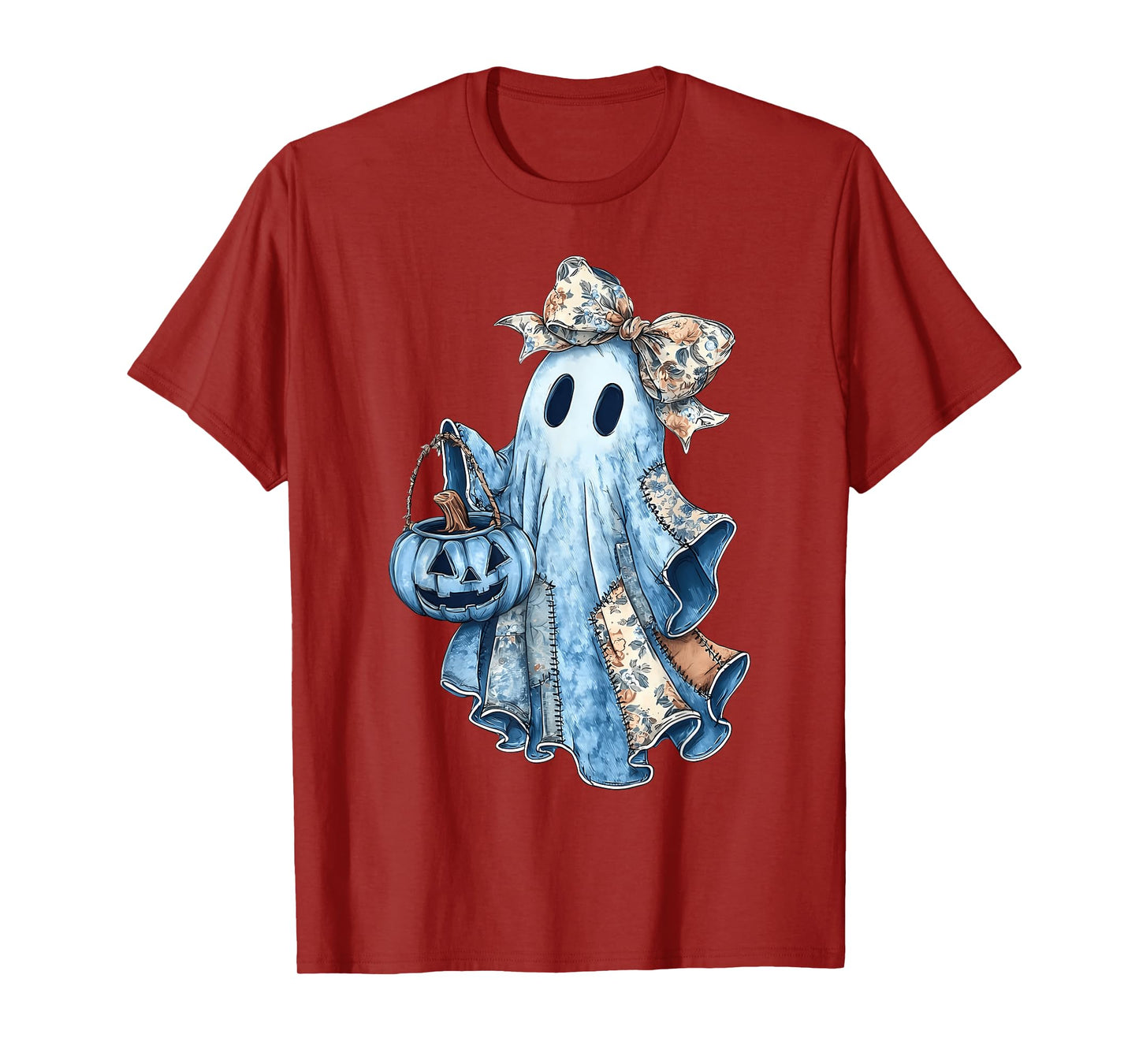 Retro Halloween Blue Denim Ghost Floral Patchwork Haloween T-Shirt