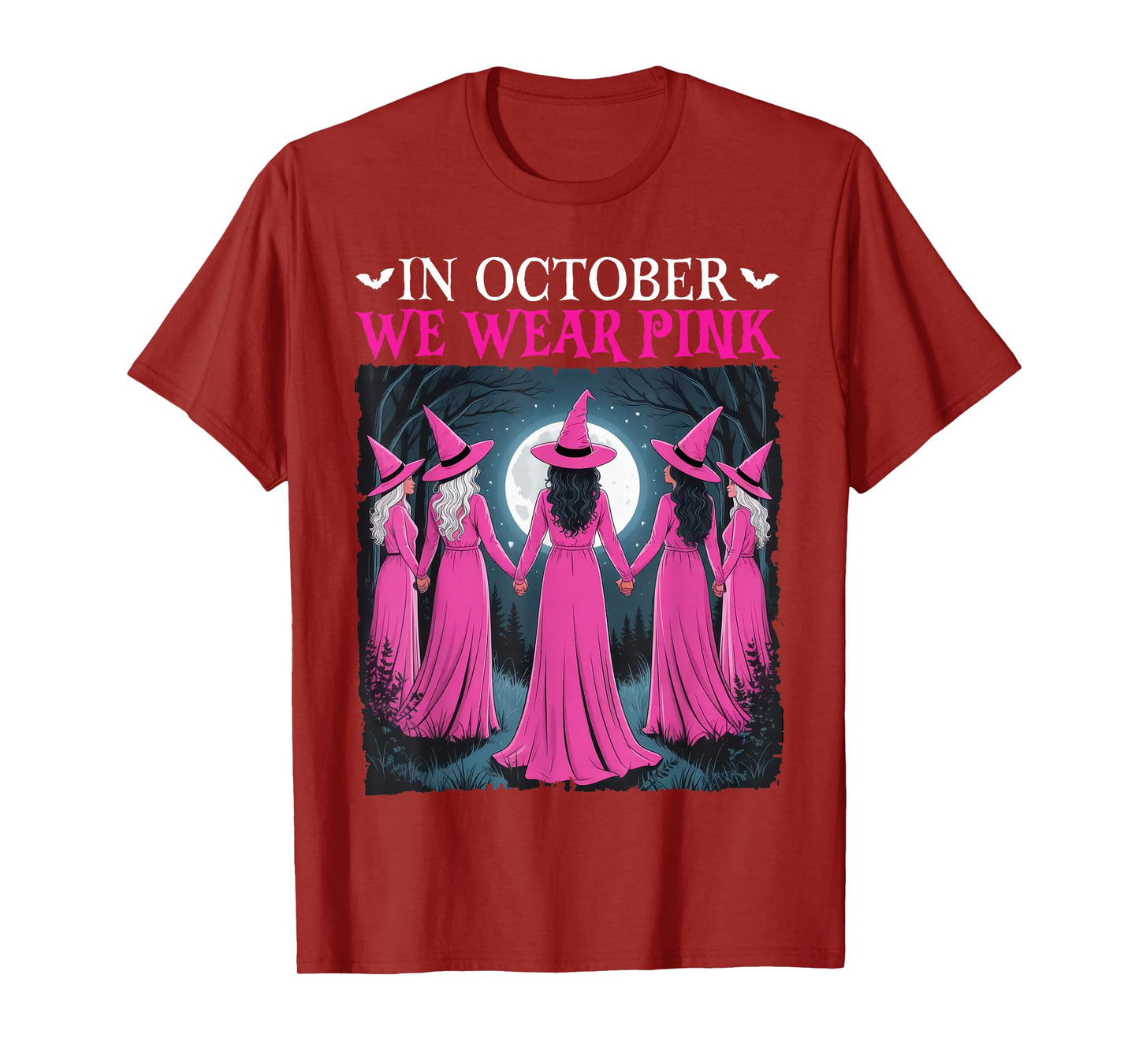 in October We Wear Pink Witch Halloween Breast Cancer Women T-Shirt