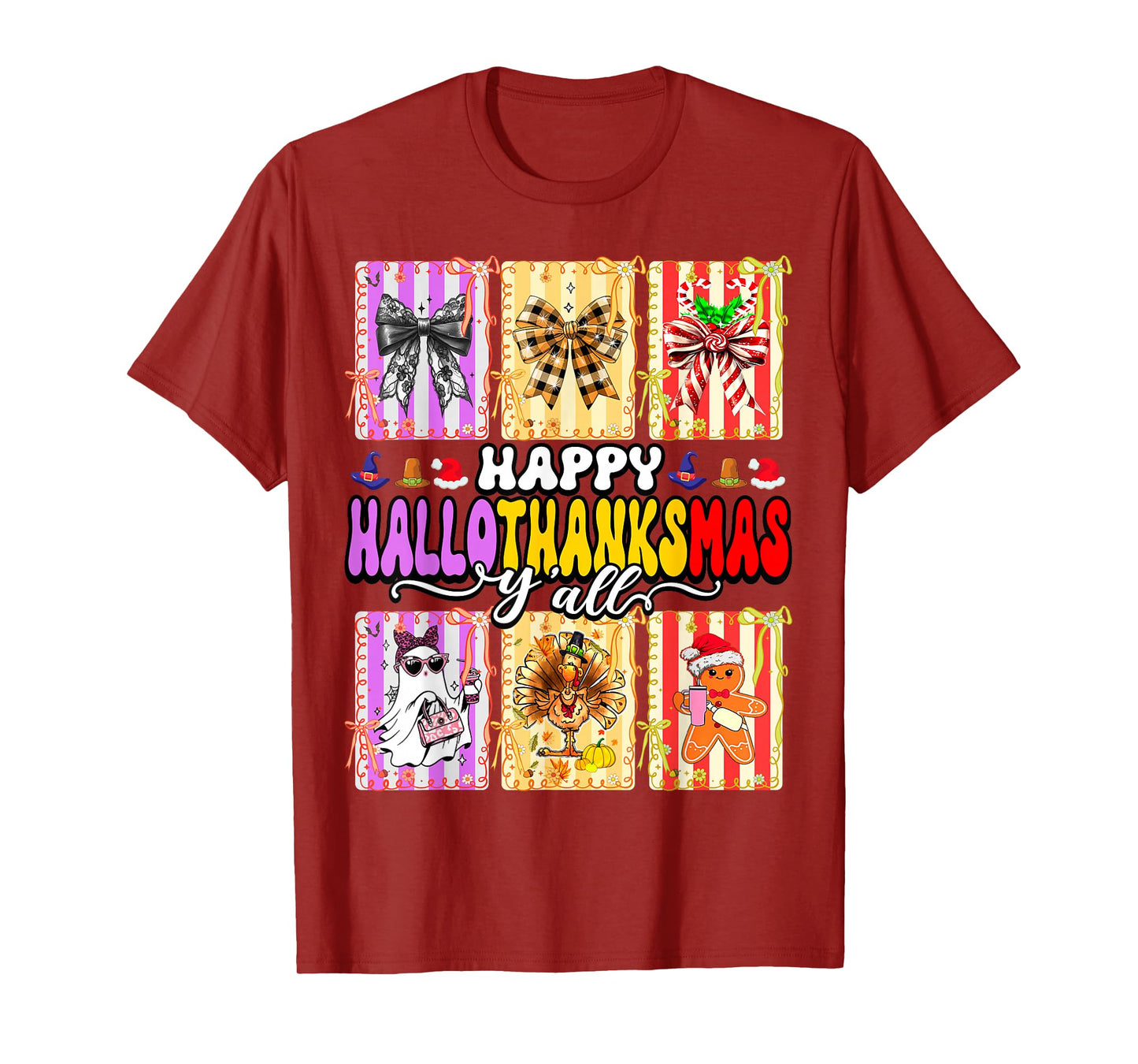 Happy Hallothanksmas Y’All Funny Holiday Mashup Coquette Bow T-Shirt