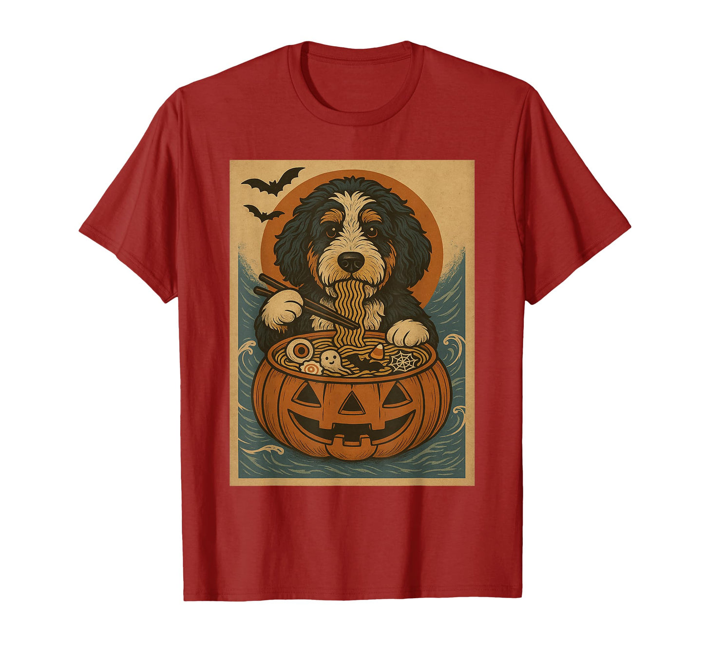 Funny Spooky Bernedoodle Pumpkin Japanese Ramen Noodles T-Shirt
