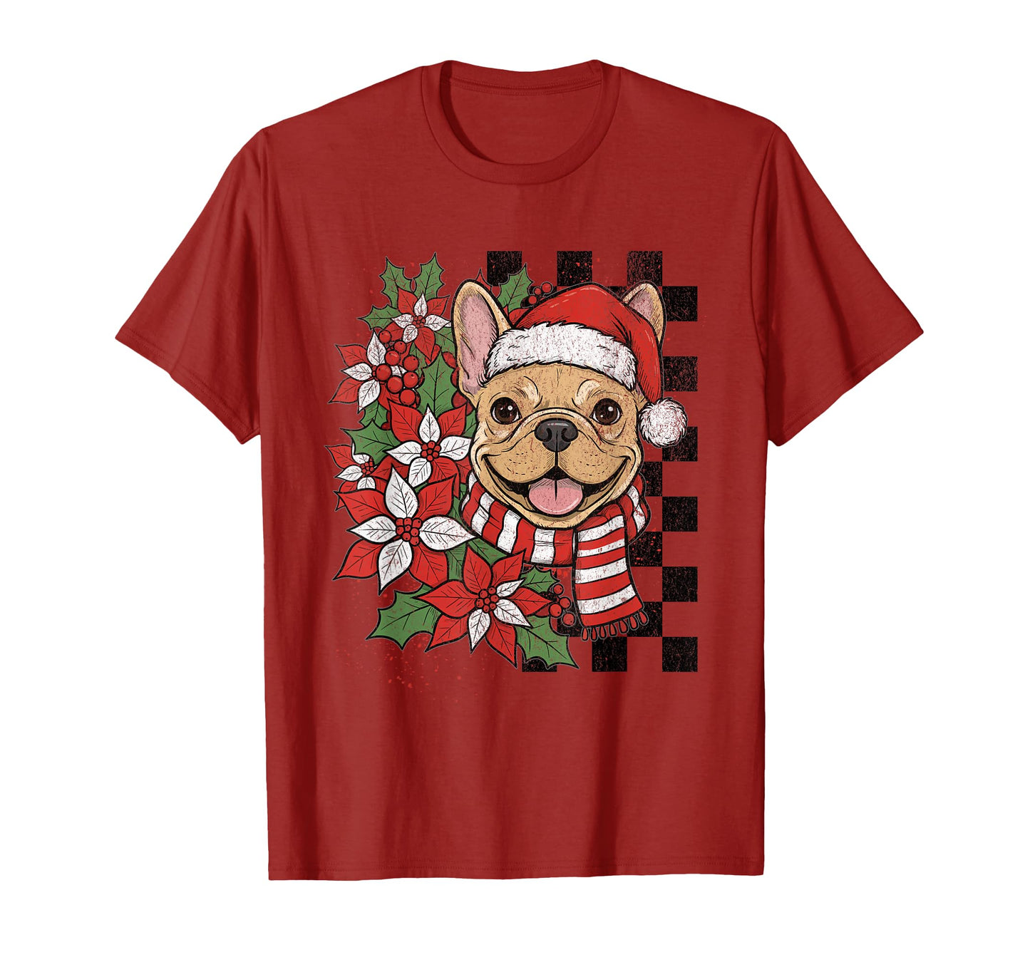 French Bulldog Christmas Frenchie Santa Checkerboard T-Shirt