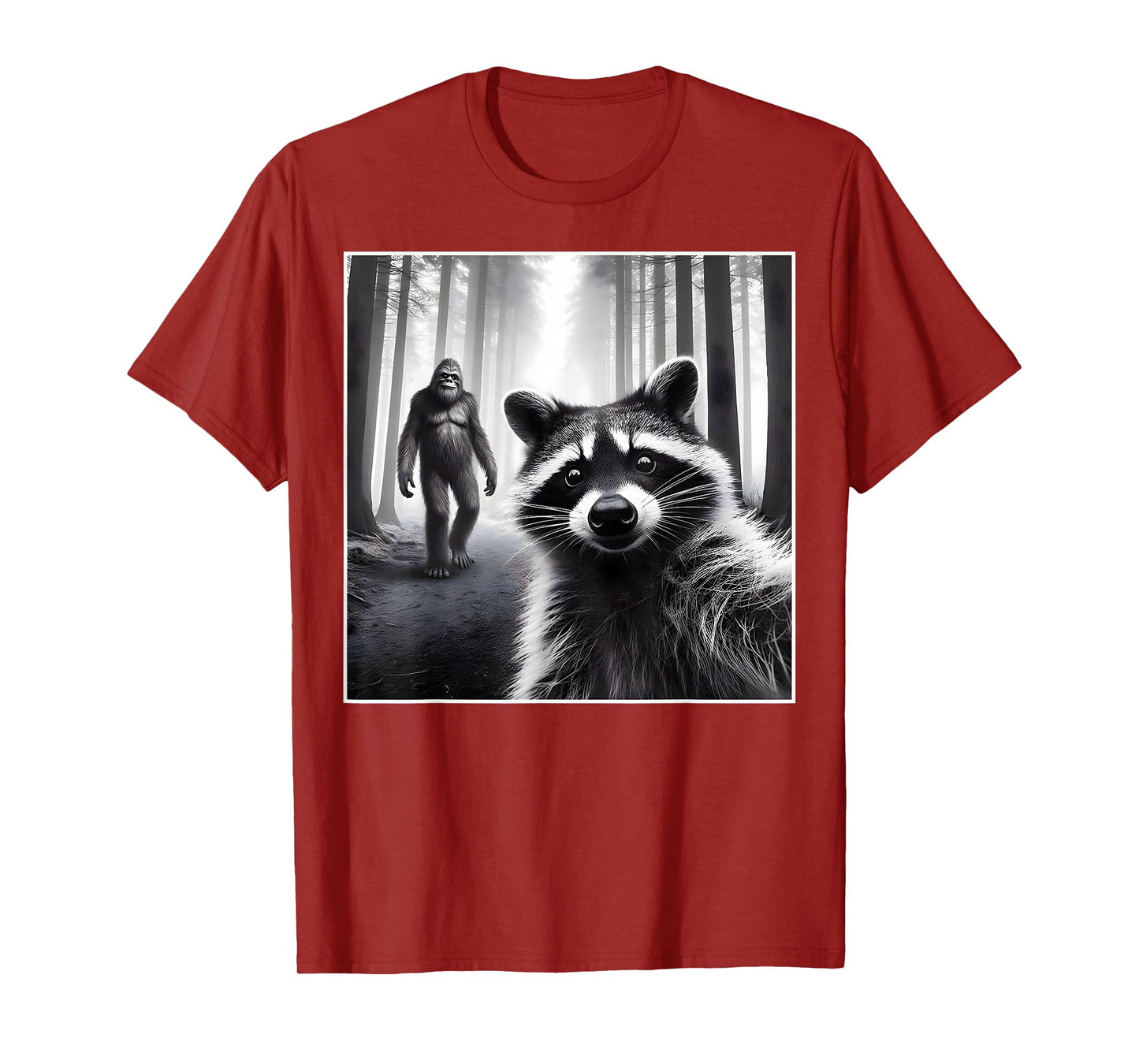 Scared Raccoon Selfie With Sasquatch Bigfoot Funny Raccoon T-Shirt