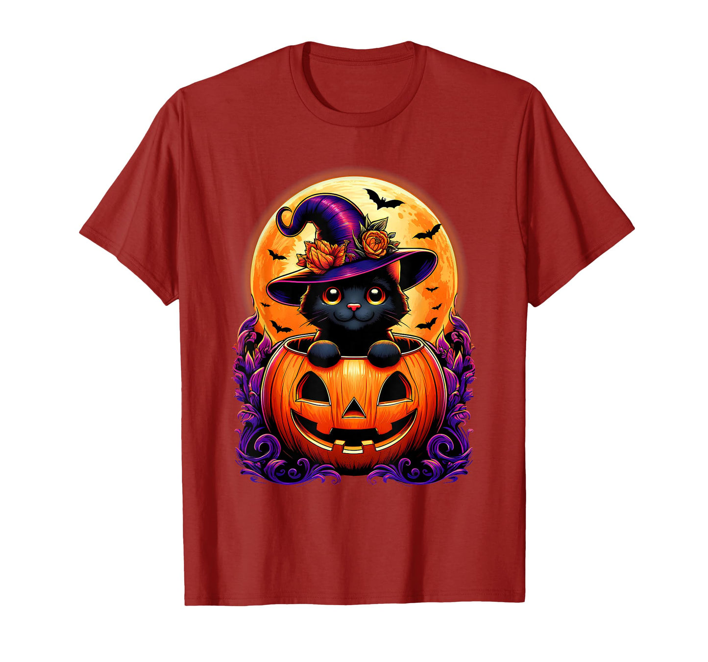 Black Cat Witch Hat Pumpkin Funny Halloween Men Women Kids T-Shirt