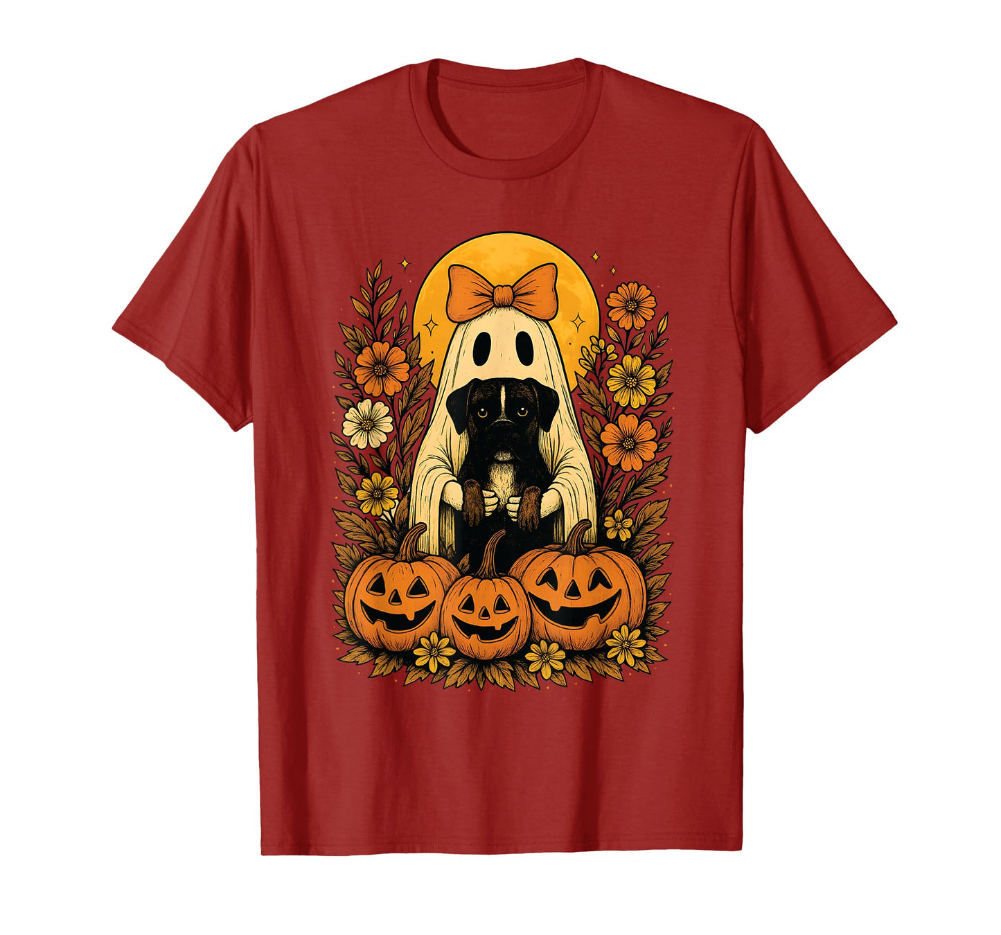 Vintage Halloween Ghost Holding Boxer Dog Groovy Floral T-Shirt