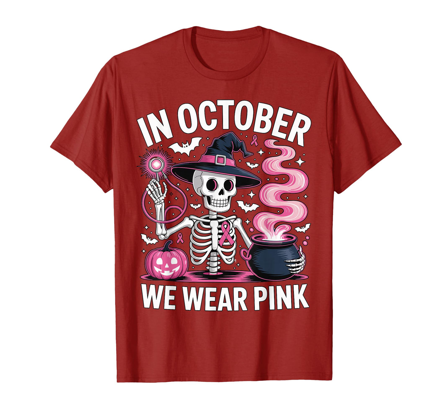 in October We Wear Pink Halloween Skeleton Witch for Women T-Shirt