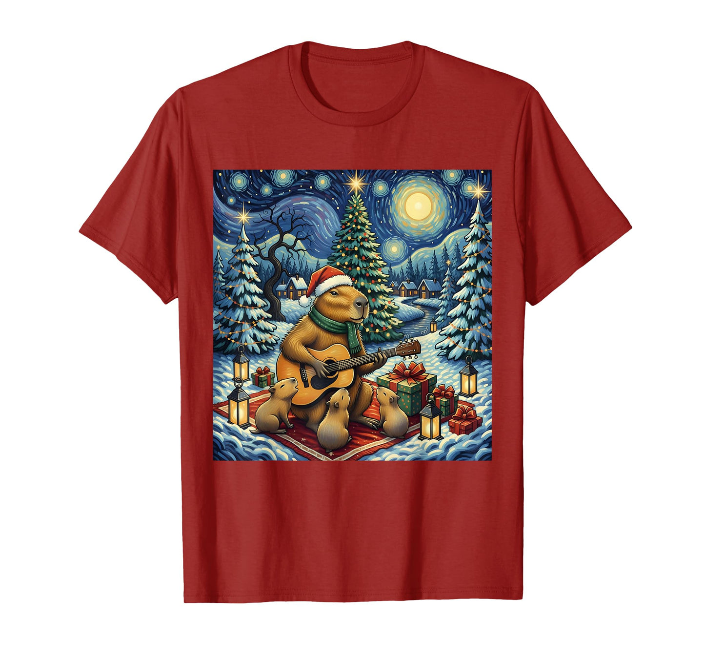 Capybara Playing The Guitar Van Gogh Style Christmas Themed T-Shirt