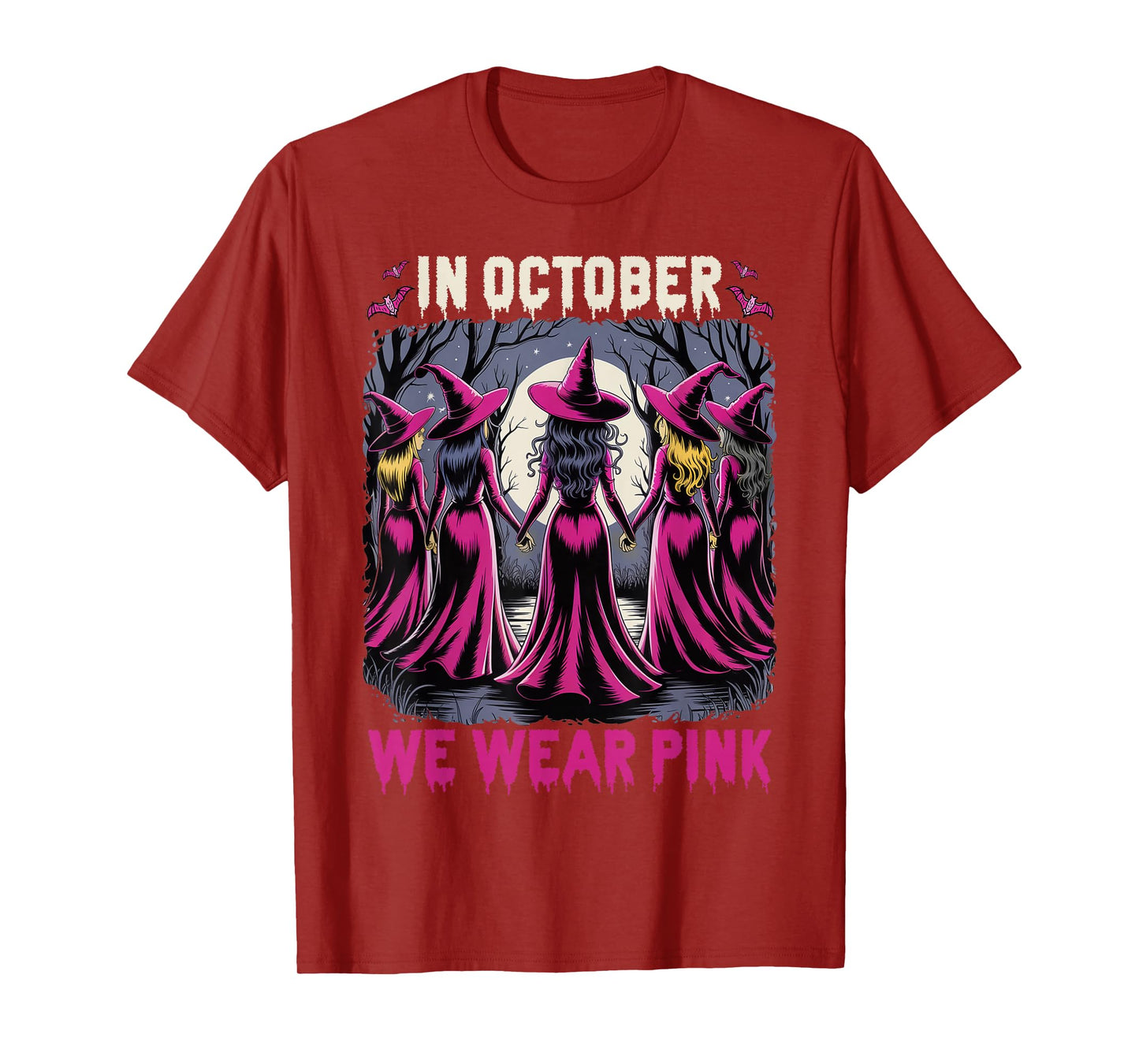 in October We Wear Pink Witch Halloween Breast Cancer Women T-Shirt