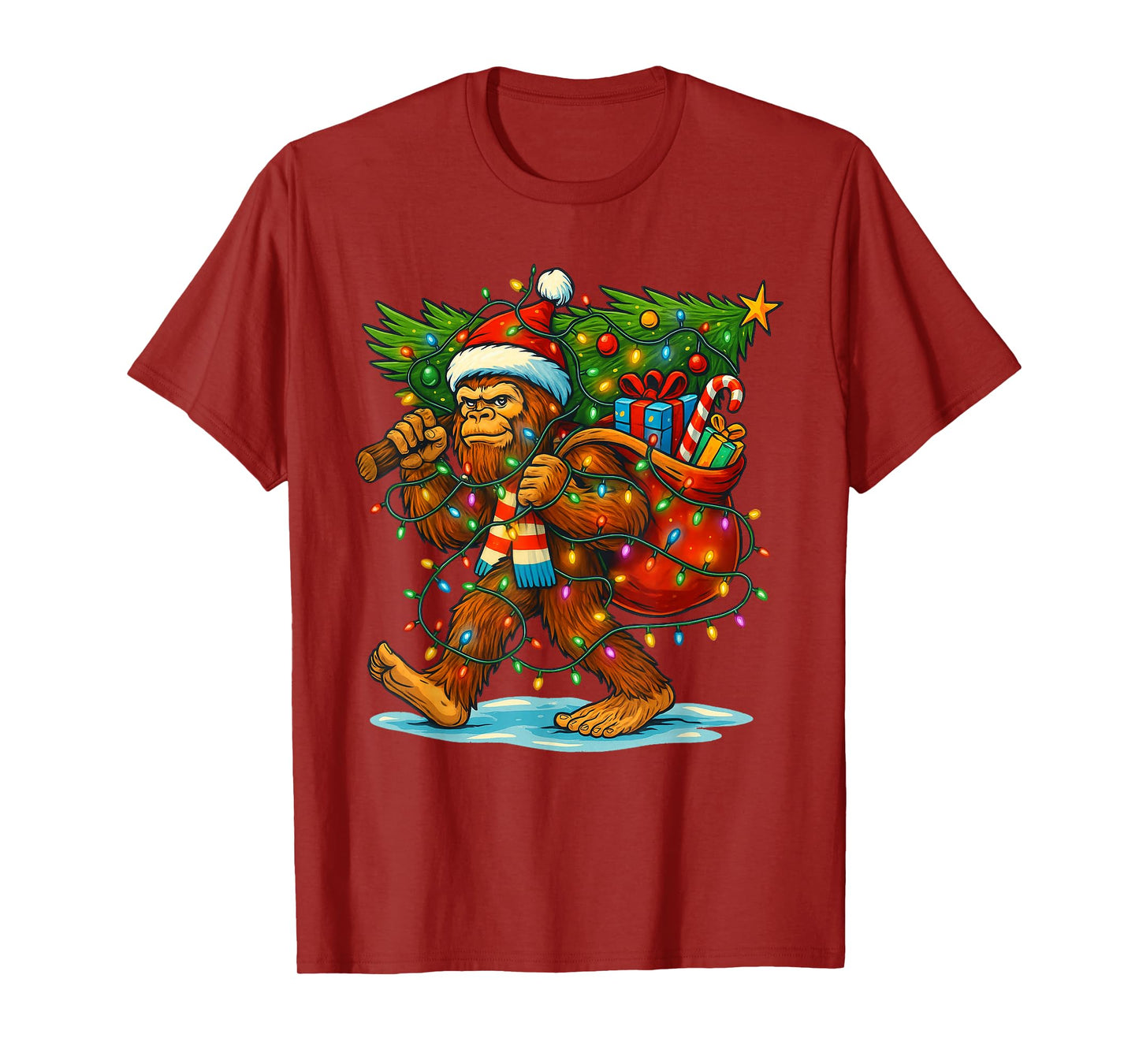 Bigfoot Christmas Tree Xmas Sasquatch Funny Lights Men Boys T-Shirt