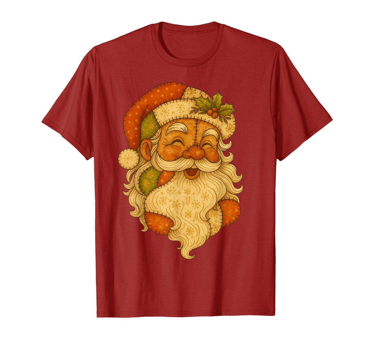 Patchwork Santa Claus Face Vintage Christmas Folk Art T-Shirt