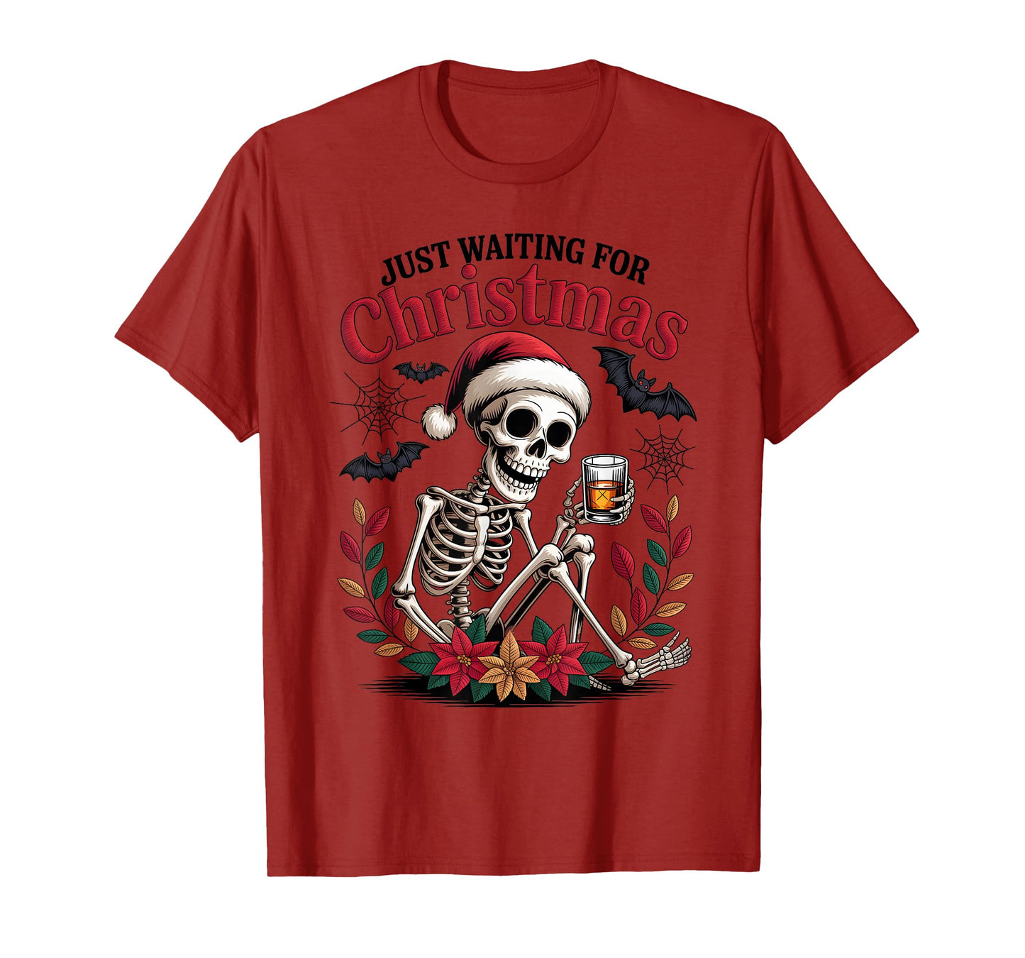 Just Waiting for Christmas Skeleton Santa T-Shirt