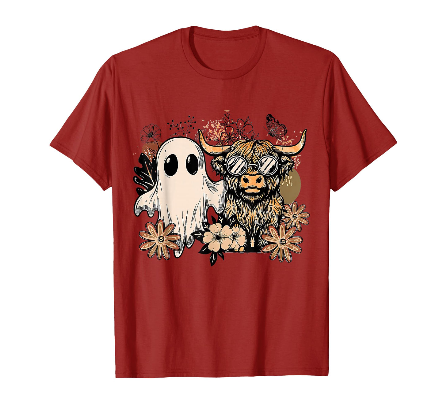 Floral Fall Highland Cow Ghost Boho Pumpkin Halloween T-Shirt