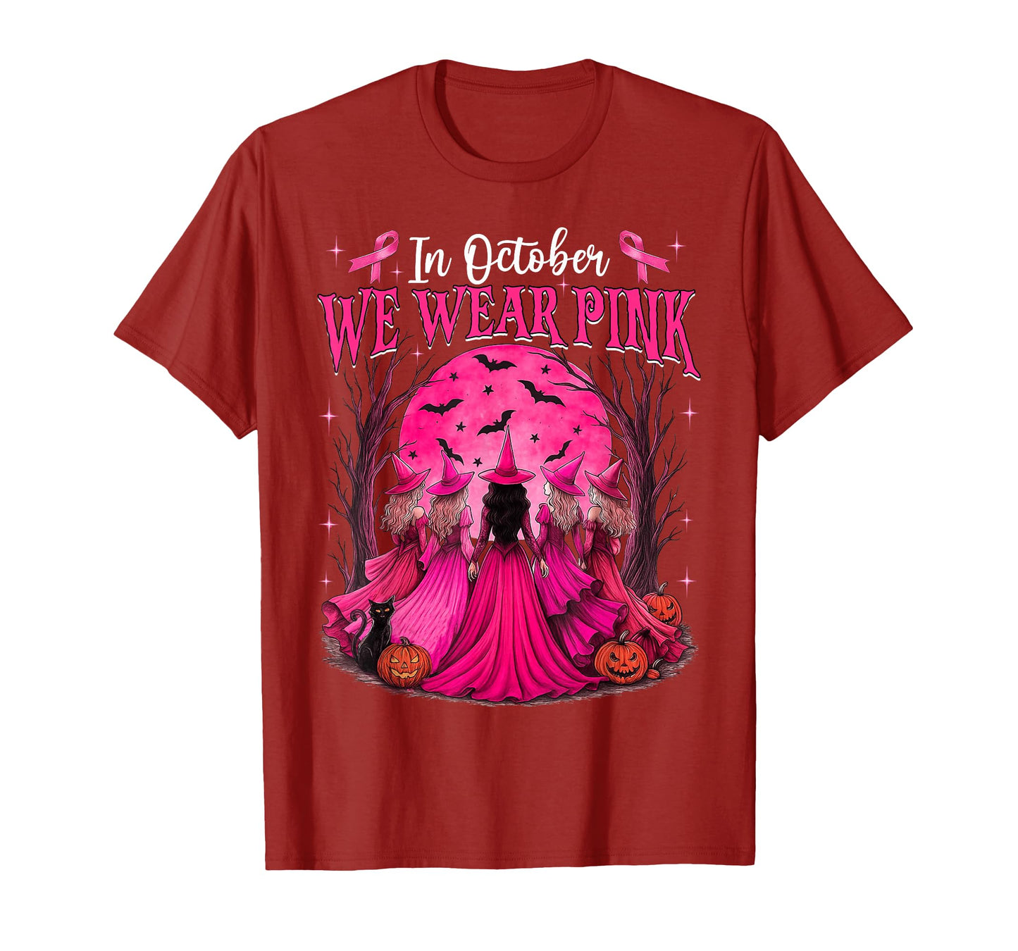 in October We Wear Pink Witch Halloween Breast Cancer Women T-Shirt