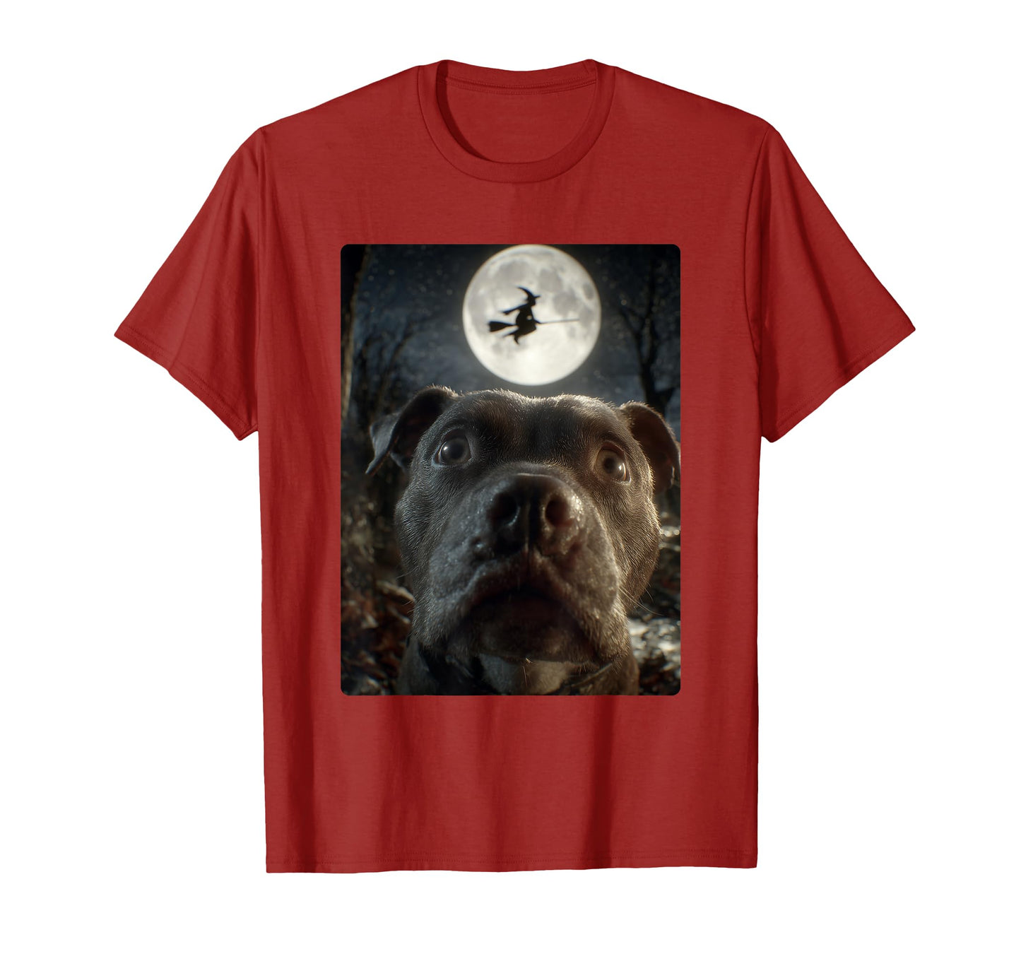 Funny Pit Bull Selfie Full Moon Flying Witch Halloween Dog T-Shirt