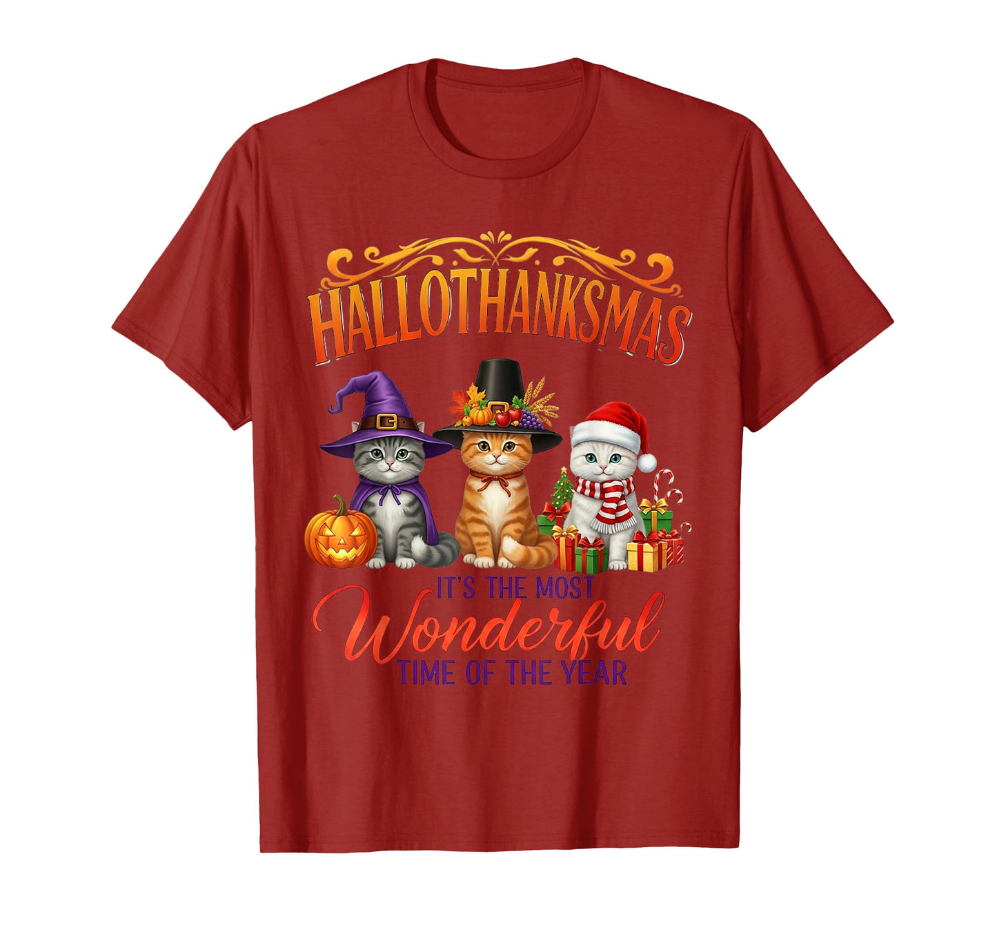 Hallothanksmas Cats Funny Halloween Thanksgiving Xmas Happy T-Shirt
