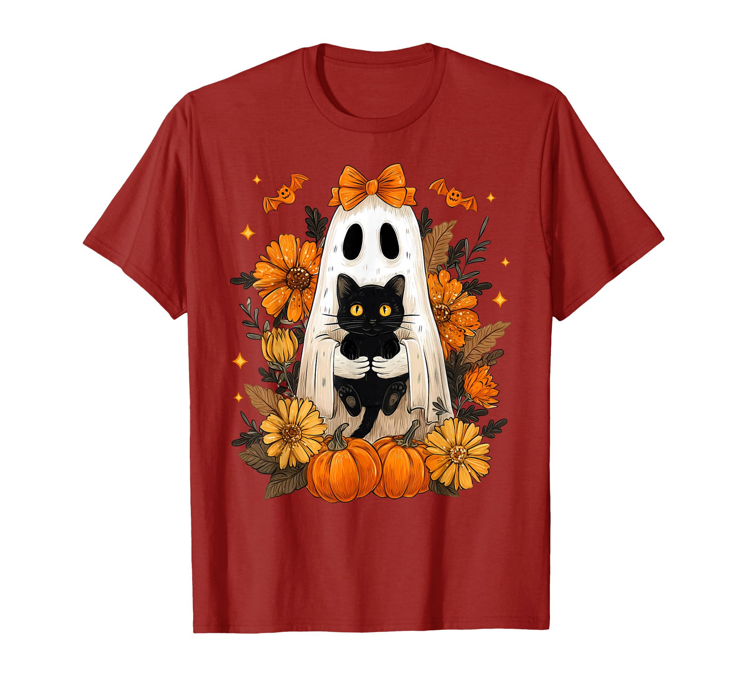 Halloween Groovy Floral Cute Bow Ghost Black Cat Pumpkin T-Shirt