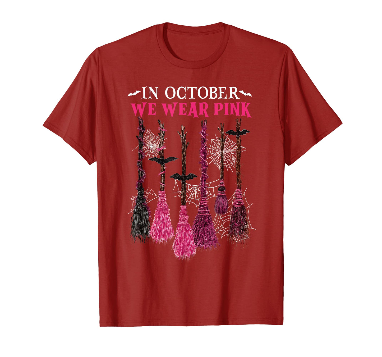 in October We Wear Pink Witch Broom Breast Cancer Halloween T-Shirt