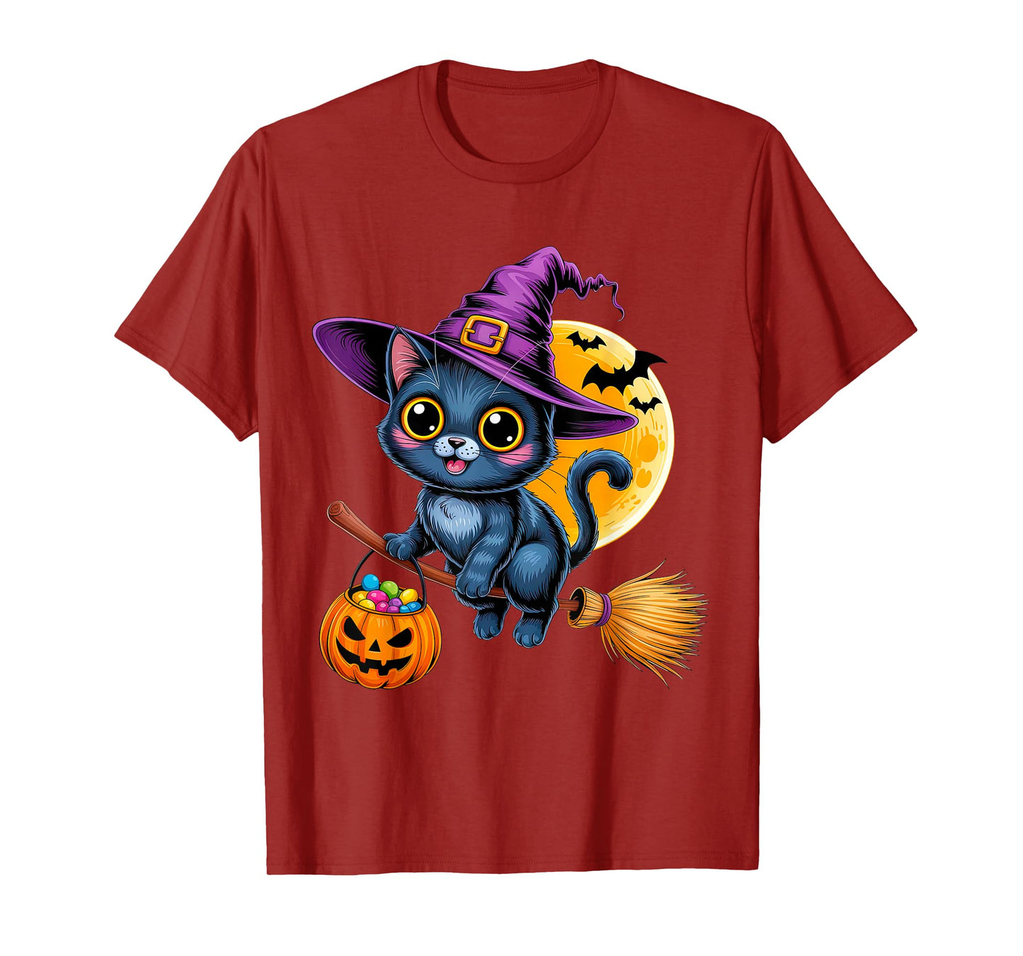 Cat Witch Hat Halloween Moon Pumpkin T-Shirt