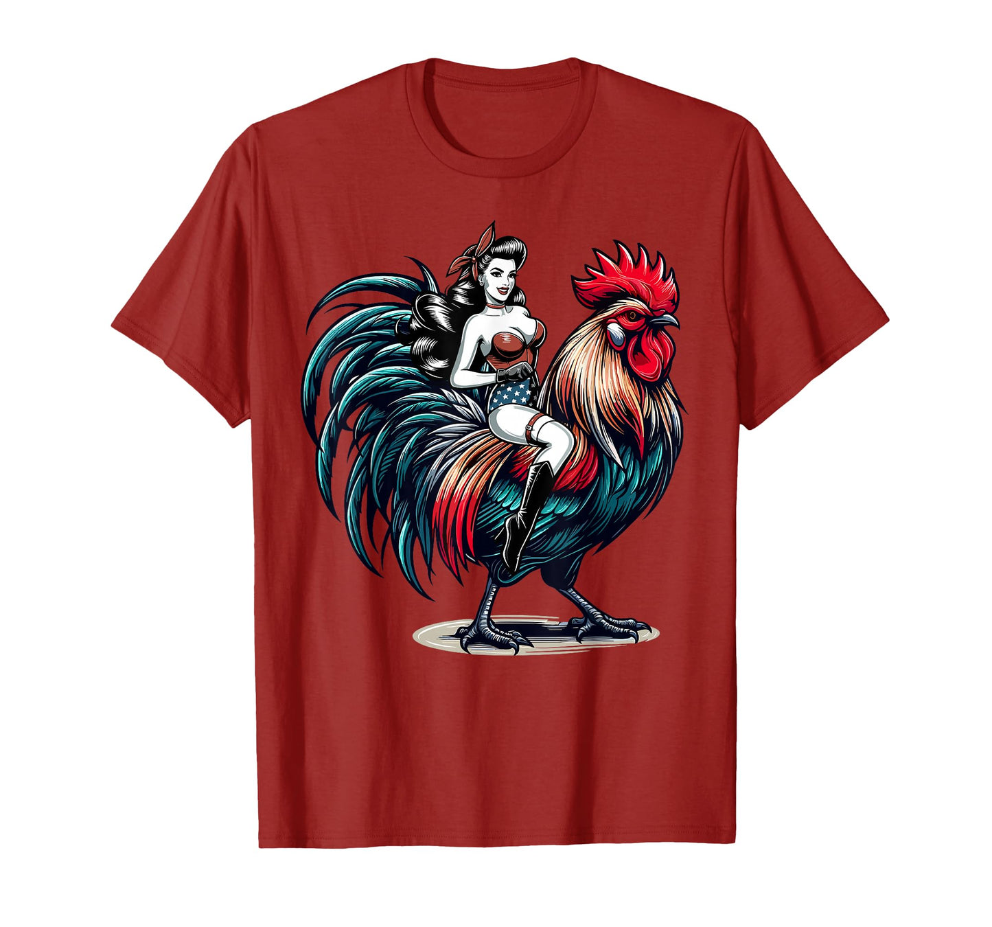 Pin-Up Girl Riding Rooster Vintage Patriotic T-Shirt